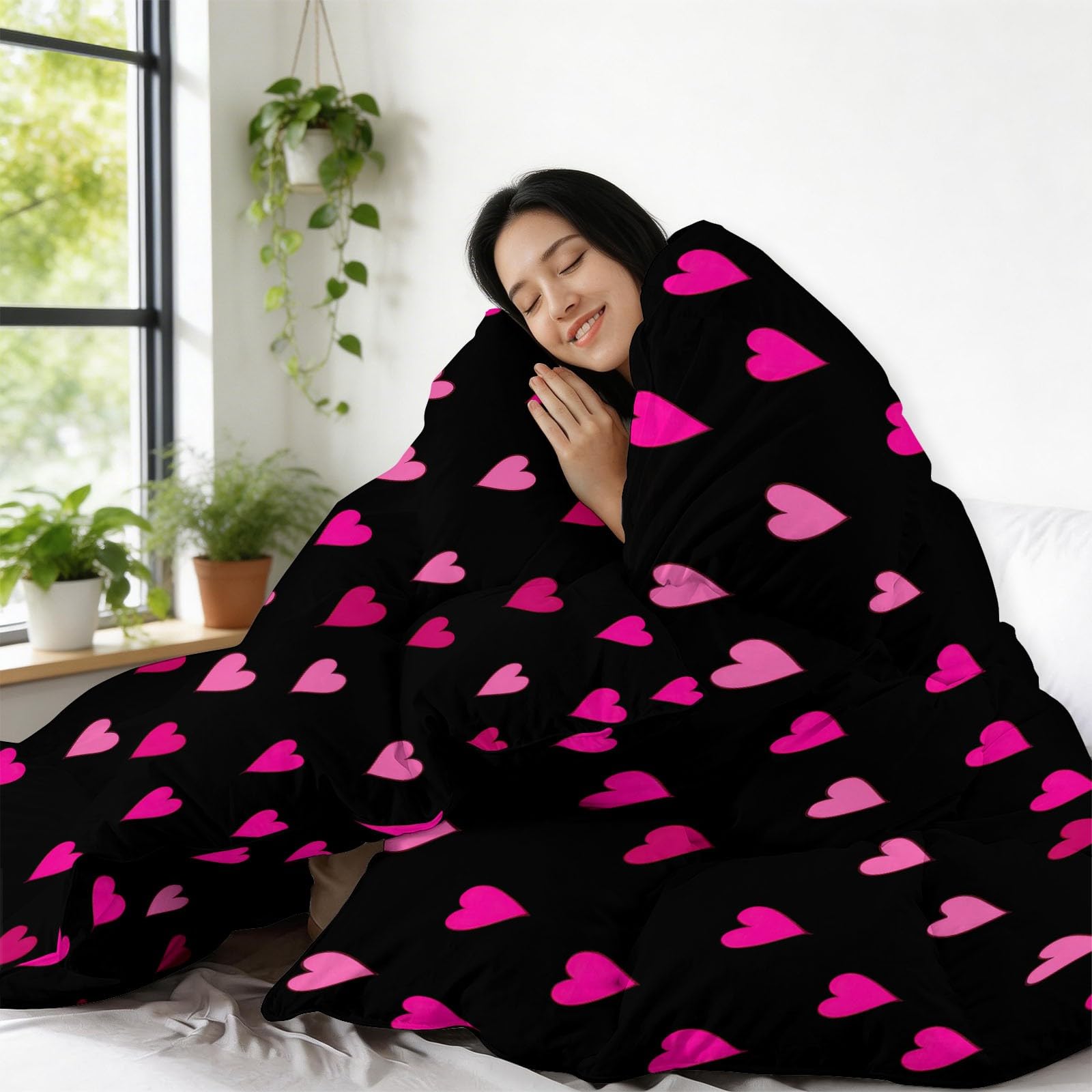 Trapunta 4 stagioni 240 x 260 cm Cuori Rosa Tema Romantico Trapunta Temperata Cotone Edredon Ultra Gonfiante con 2 Federe Cuscino per Allergico
