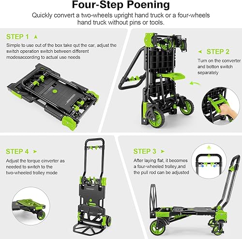 Miniatura 4 de Carro de mano plegable 2 en 1, carrito de mano plegable de 330 libras, carrito de mano plegable con mango retráctil y 4 ruedas de goma, carrito de