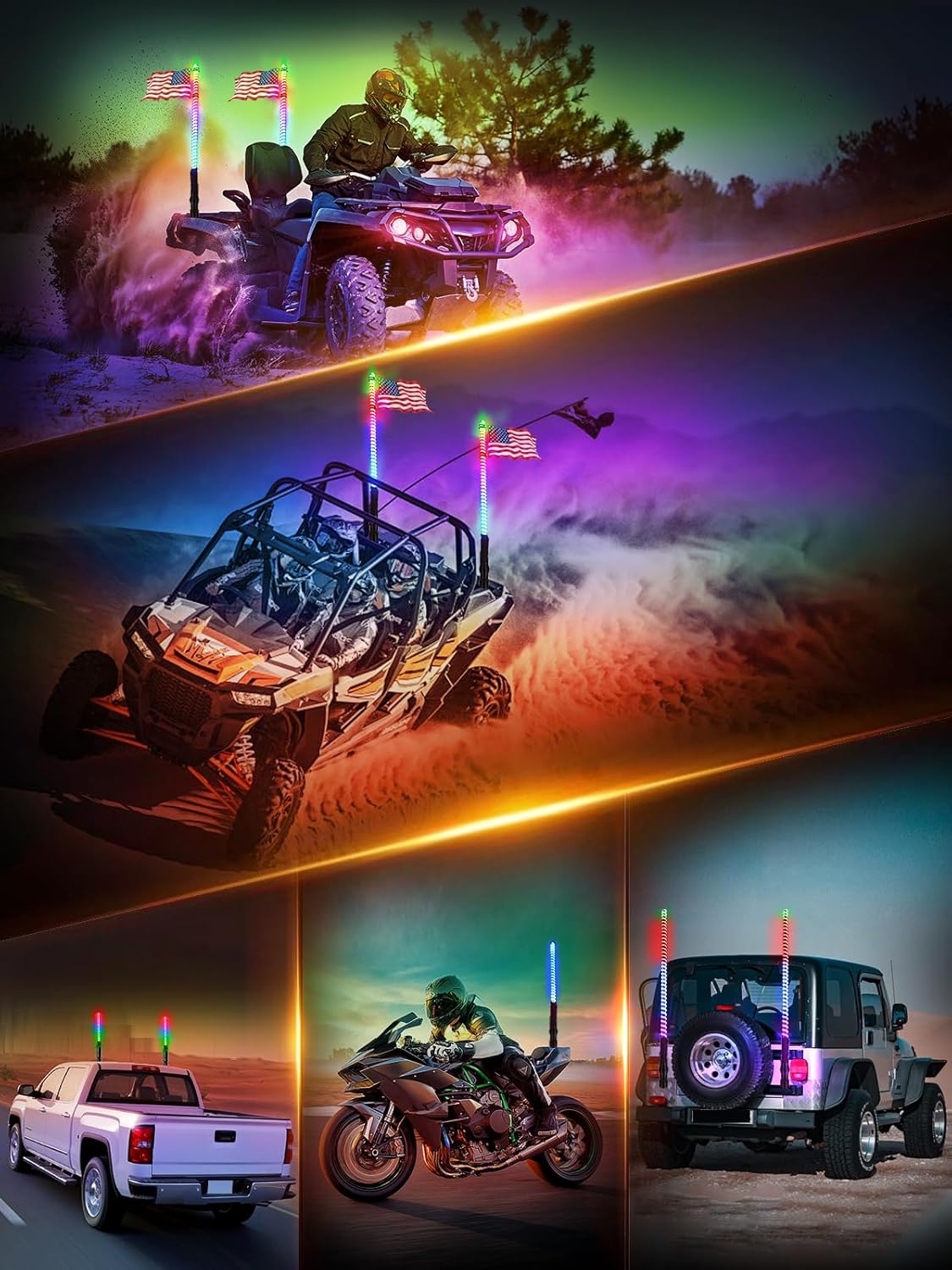 2pc 2FT COB Whip Lights with App & Remote Control Compatible with Polaris RZR Can-Am Maverick X3, Spiral RGB Chasing LED Whip Lights with Rocker Switch for Side by Side, SXS UTV ATV Boat