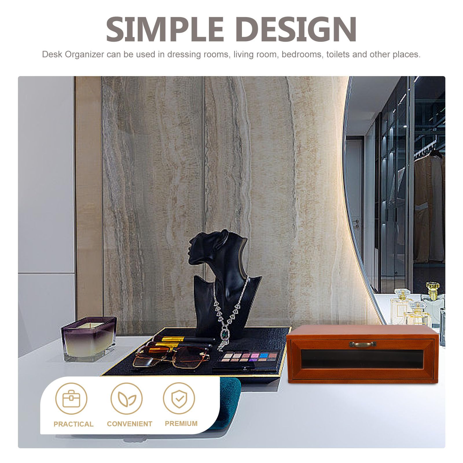 TOYANDONA Organizer da Scrivania in Legno Solido con Cassetto Singolo, Scatola Porta Cosmetici e Porta Prodotti la Cura della Pelle, Organizer Multifunzione per Ufficio, Bagno e Camera