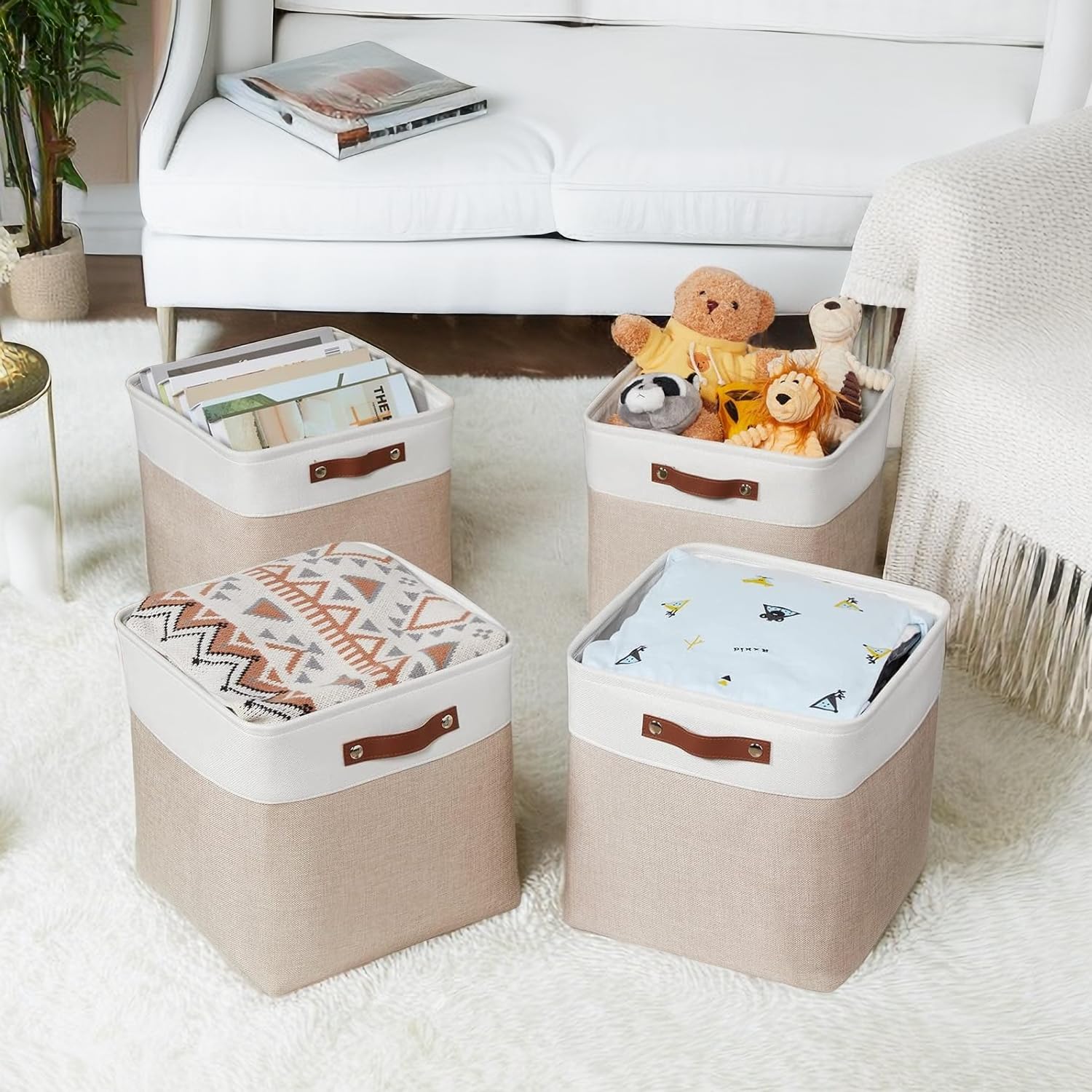 Lot de 4 Boîtes de Rangement en Tissu, 30x30x30cm, Avec Poignée en Cuir Synthétique pour Étagère Cube, Étagères, Penderie, Kaki et Blanc