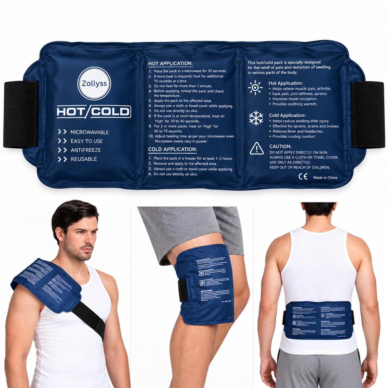 Zollyss Reusable Hot & Cold Gel Pack with Adjustable Strap for Pain Relief, Flexible Ice Pack for Shoulder, Knee, Back, Neck & Sports Recovery, Microwaveable & Freezer Safe – Navy Blue
