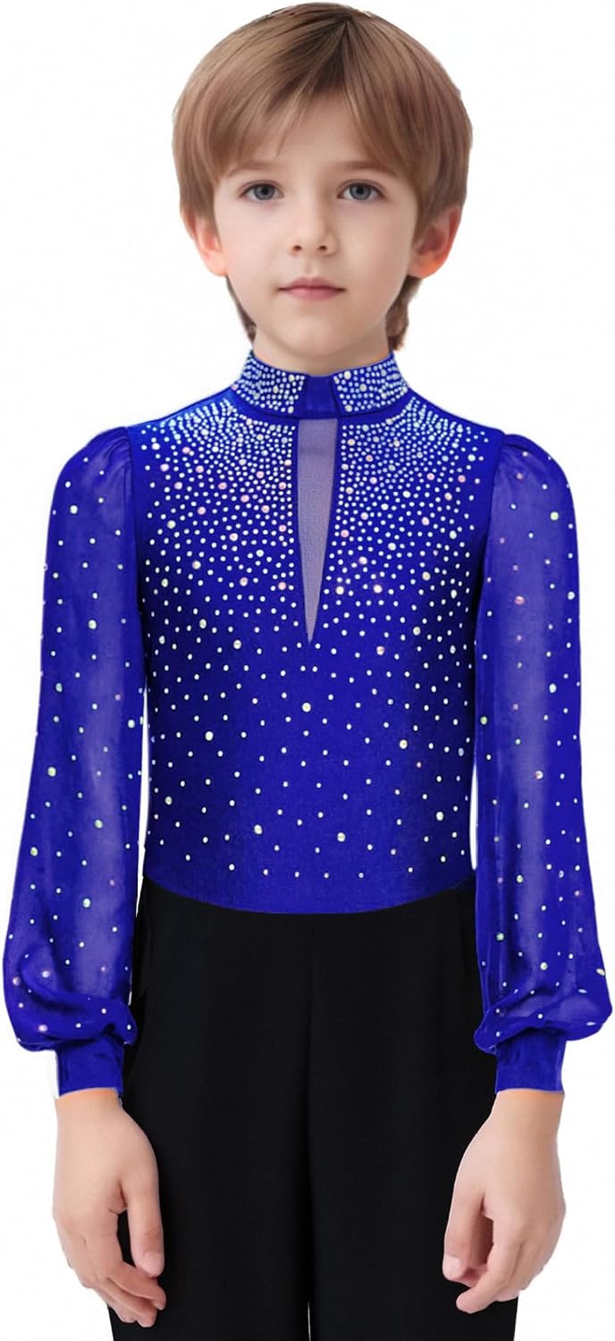 Kids Boys Sparkle Figure Skating Gymnastics Leotard Long Sleeve Latin Dance Bodysuit for Performance