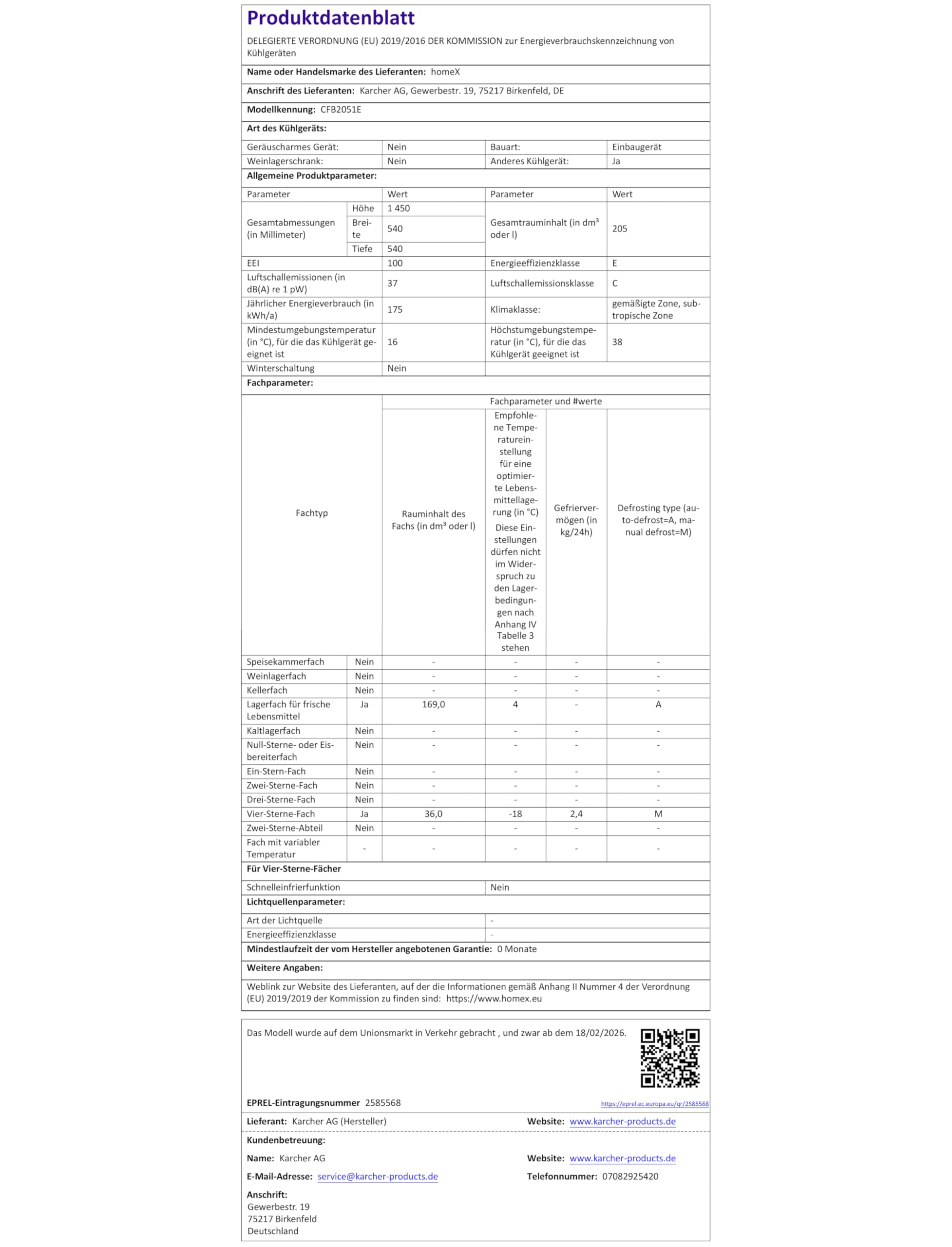 homeX CFB2051E Einbaukühlschrank mit Gefrierfach 145cm Nische 205 Liter | Einbau Kühl Gefrierkombination, Schlepptürtechnik, LED-Beleuchtung, leise 37 dB, Türanschlag wechselbar, 4-Sterne Gefrieren