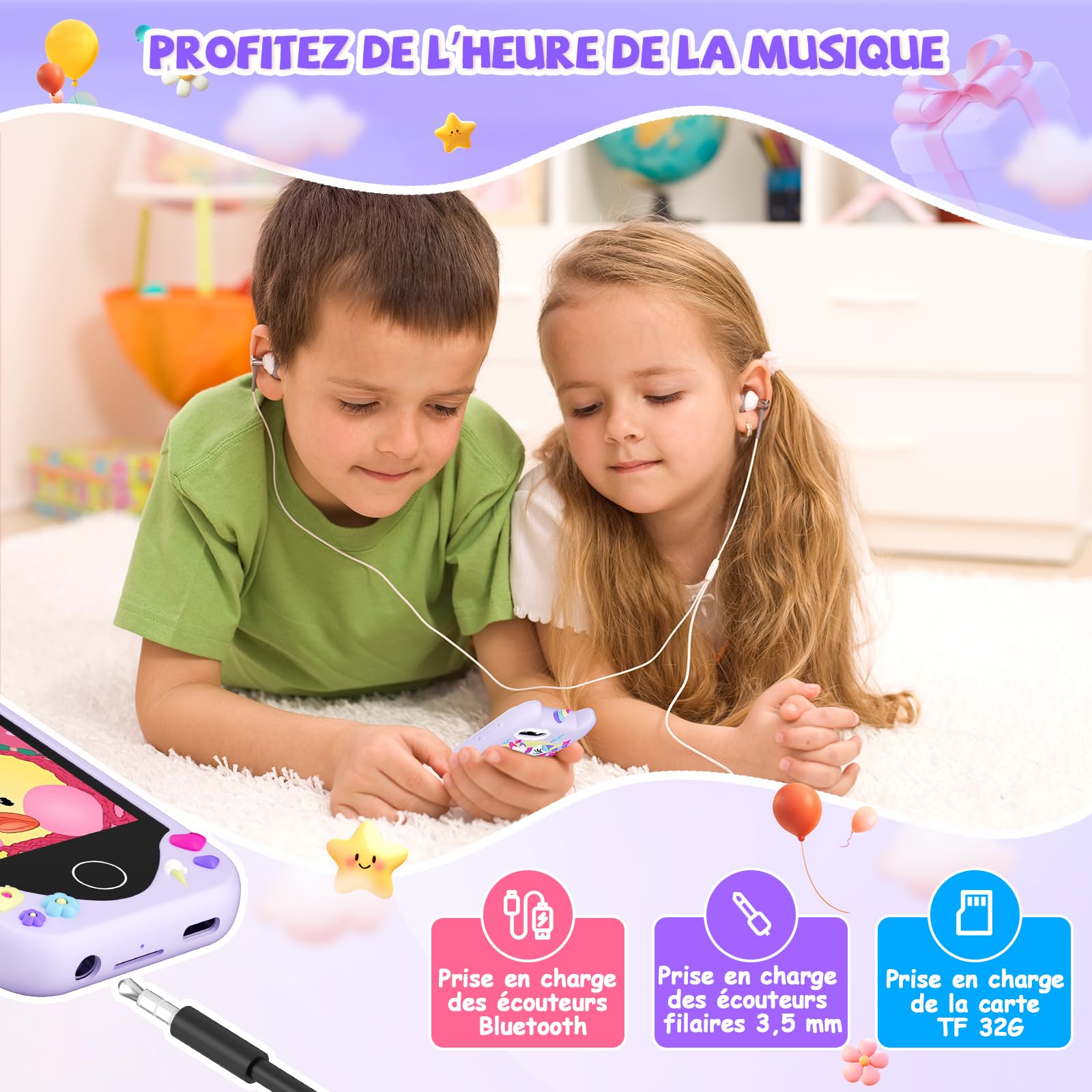Telephone Portable Enfant Jouet - Téléphone pour Enfant avec écran Tactile, Caméras, Apprentissage Jouet, Jeux avec , Carte SD de 32 Go, Cadeau d'anniversaire pour Les Filles de 3, 4, 5 et 6 Ans