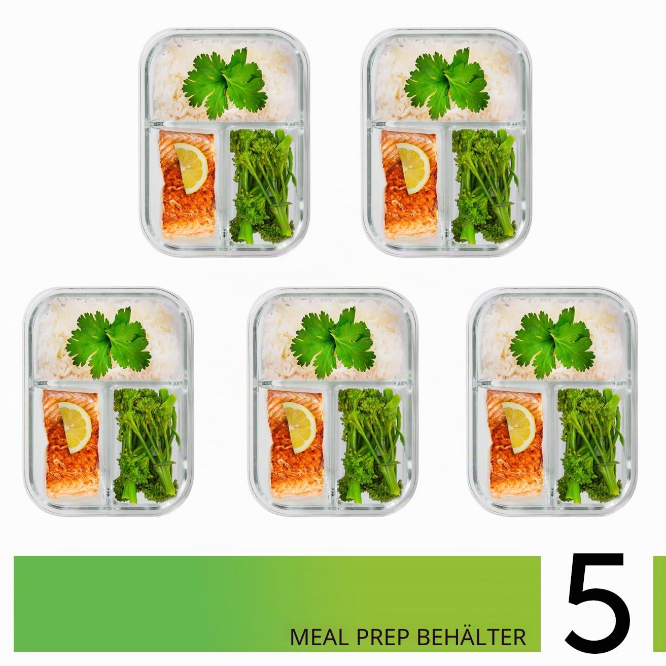 Prep Naturals Glasbehälter für Mahlzeiten, 3 Fächer, 5 Stück – Bento-Box, Vorratsbehälter aus Glas mit Deckel – Lebensmittelzubereitungsbehälter, Glasbehälter mit Deckel | Vorratsdosen aus Borosilikatglas, luftdichte, auslaufsichere Deckel, mikrowellen-,