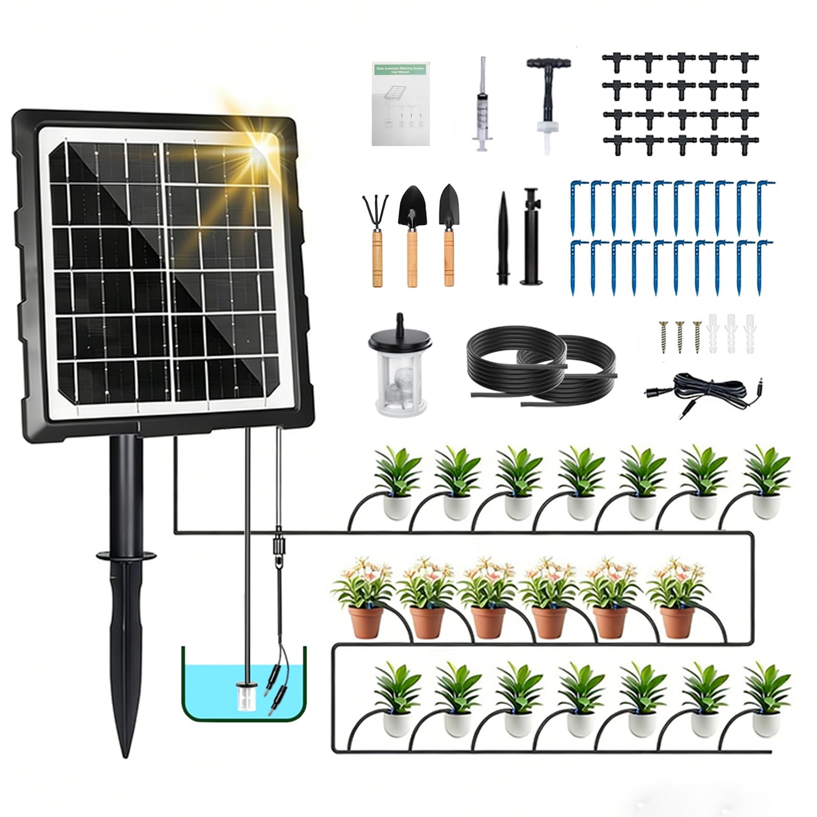 Sistema de riego solar, sistema de riego automático de jardín, kit de sistema de riego por goteo con temporizador y manguera de 20 m, dispositivos de riego automático de 6 modos para plantas, balcón