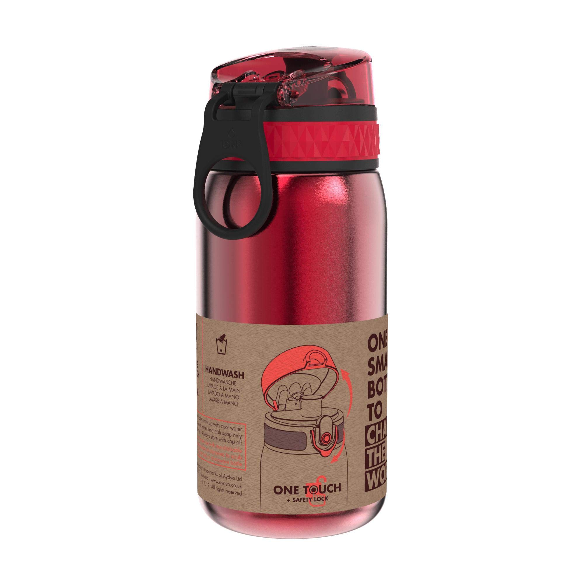 ION8 Butelka na Wodę dla Dzieci ze Lekki Stali, 400 ml/13 oz, Nieocieplany, Szczelna, Łatwa do Otwarcia, Bezpieczny Zamek, Można Myć w Zmywarce, Składany Uchwyt, Łatwa w Czyszczeniu, Czerwony