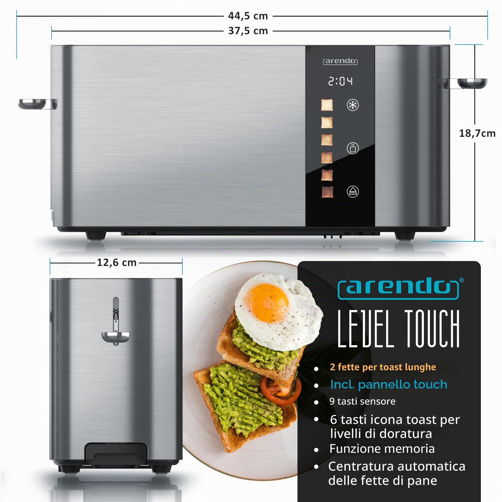 Arendo - Tostapane in acciaio inox con 2 fette a fessura lunga - Touch screen - alloggiamento a doppia parete - Inserto per panino integrato - 6 gradi di doratura - centraggio del pane