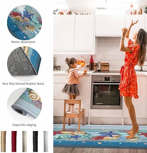 Miniatura 82 de Alfombras y tapetes de cocina Hello Fall, 2 unidades, color azul, naranja, calabaza, hoja de arce, pájaros, alfombras antideslizantes con pasillo