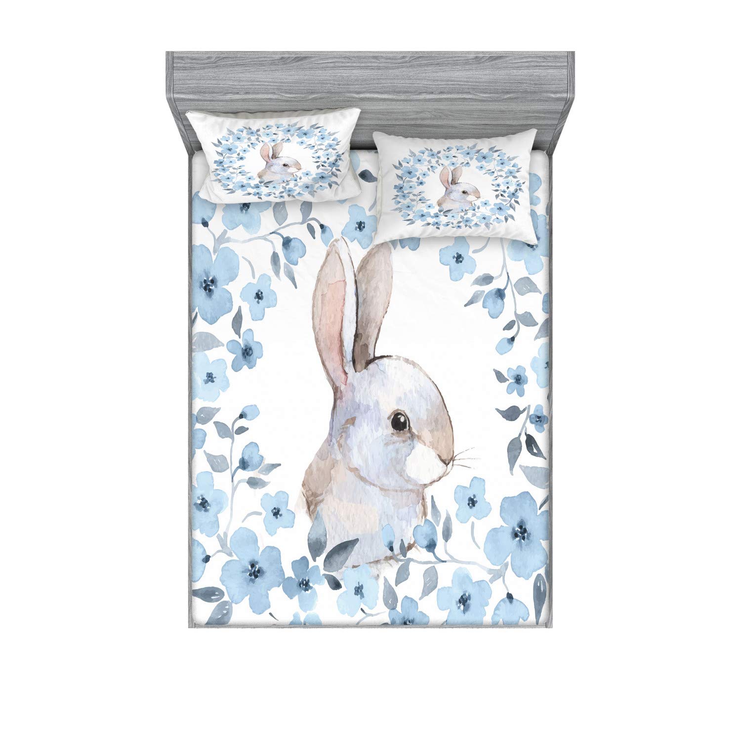 Ambesonne Watercolor Flower Fitted Sheet & Pillow Sham Set, Bunny Rabbit Portrait in Floral Wreath Illustration Country Style, Decorative Printed 3 Piece Bedding Decor Set, King, Blue White