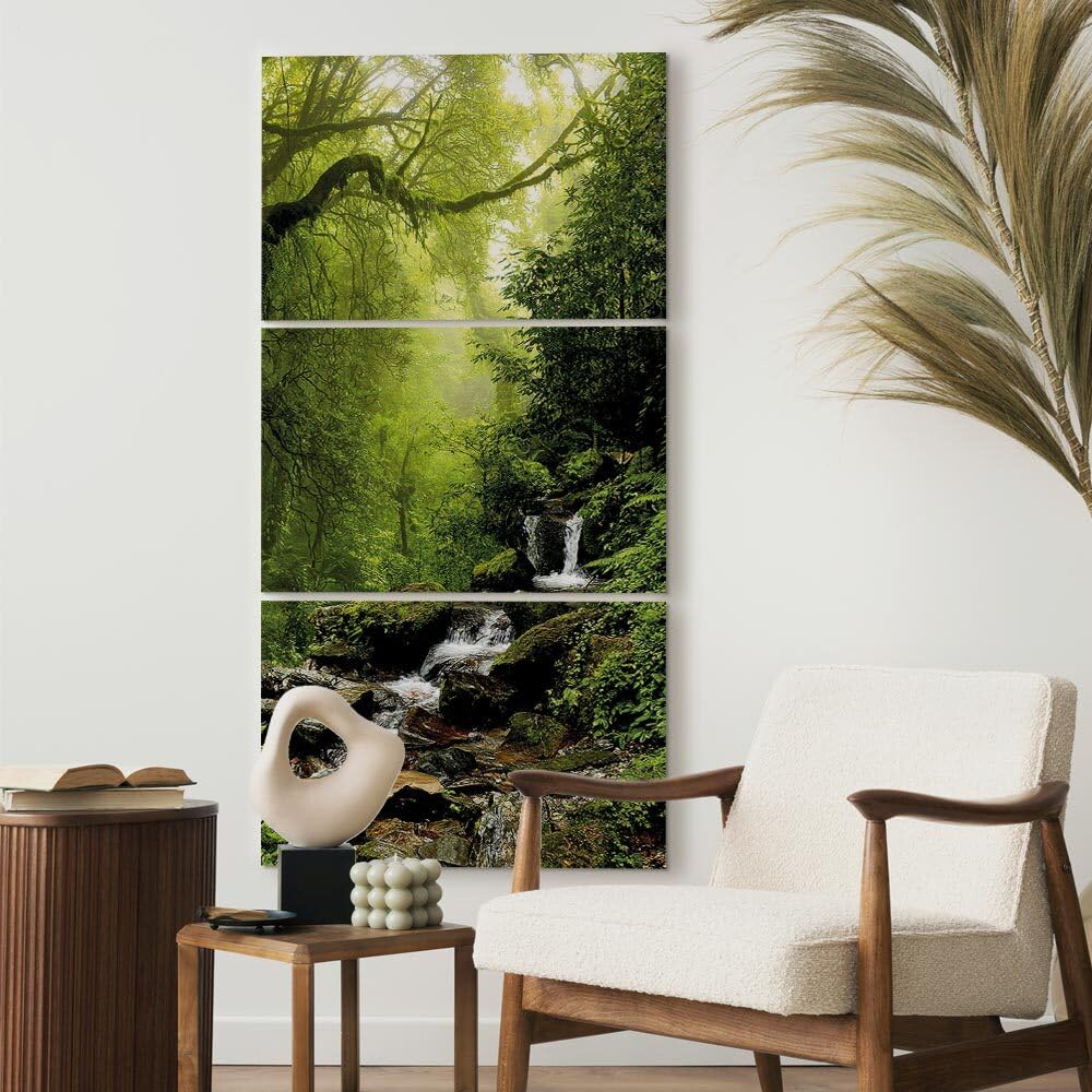 decomonkey Wandbilder Wald 90x180 cm 3 Teilig Leinwandbilder Kunstdruck | Bild auf Leinwand, Wanddeko, Wohnzimmer, Wanddekoration, Bäume, Fluss, Wasser, Natur, grün