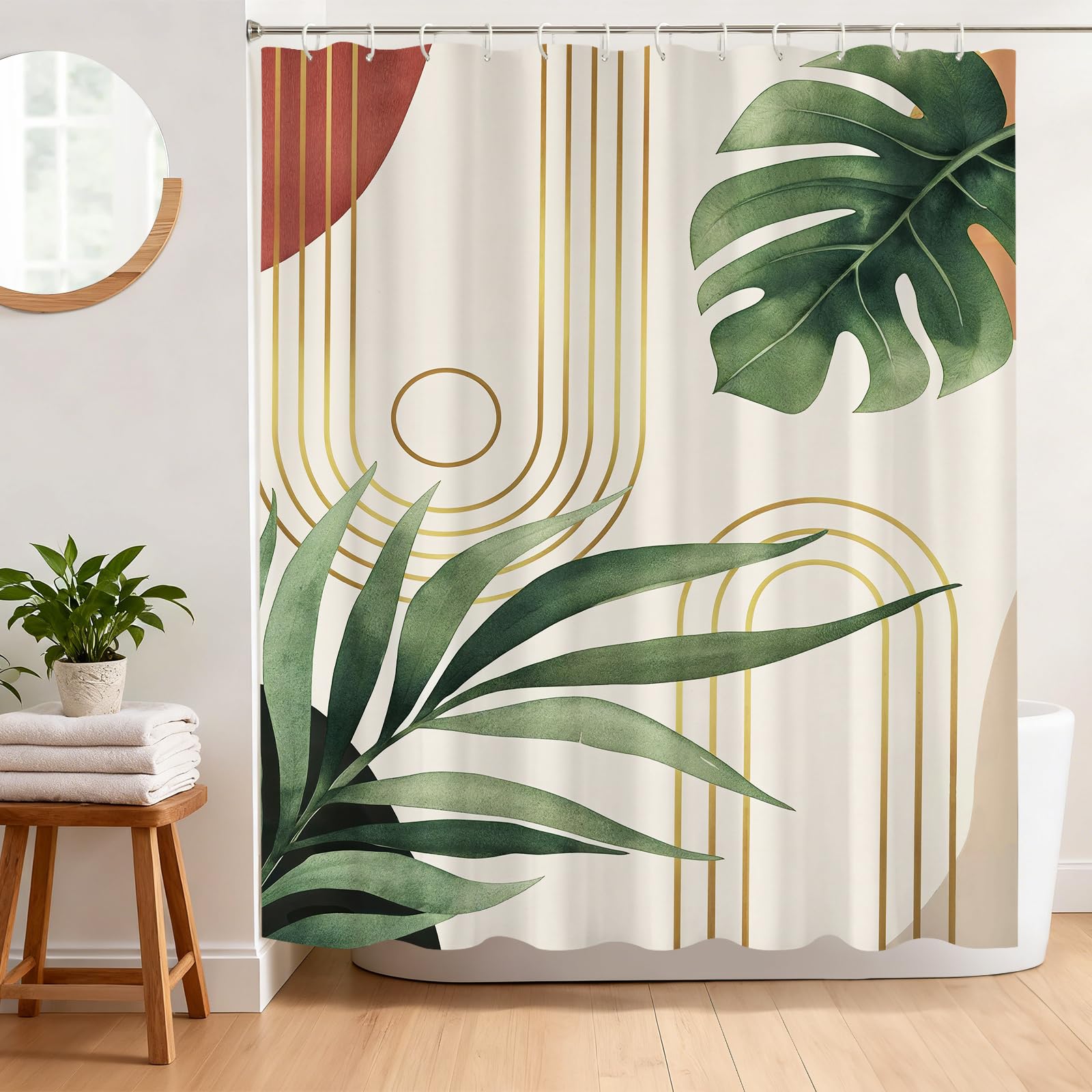 BREASOME Green Leaves Shower Curtain 180 x 180 cm Boho Tropical Leaves Shower Curtain for Bathroom Decor Mould Proof Waterproof Polyester Fabric Bath Curtain with 12 Hooks
