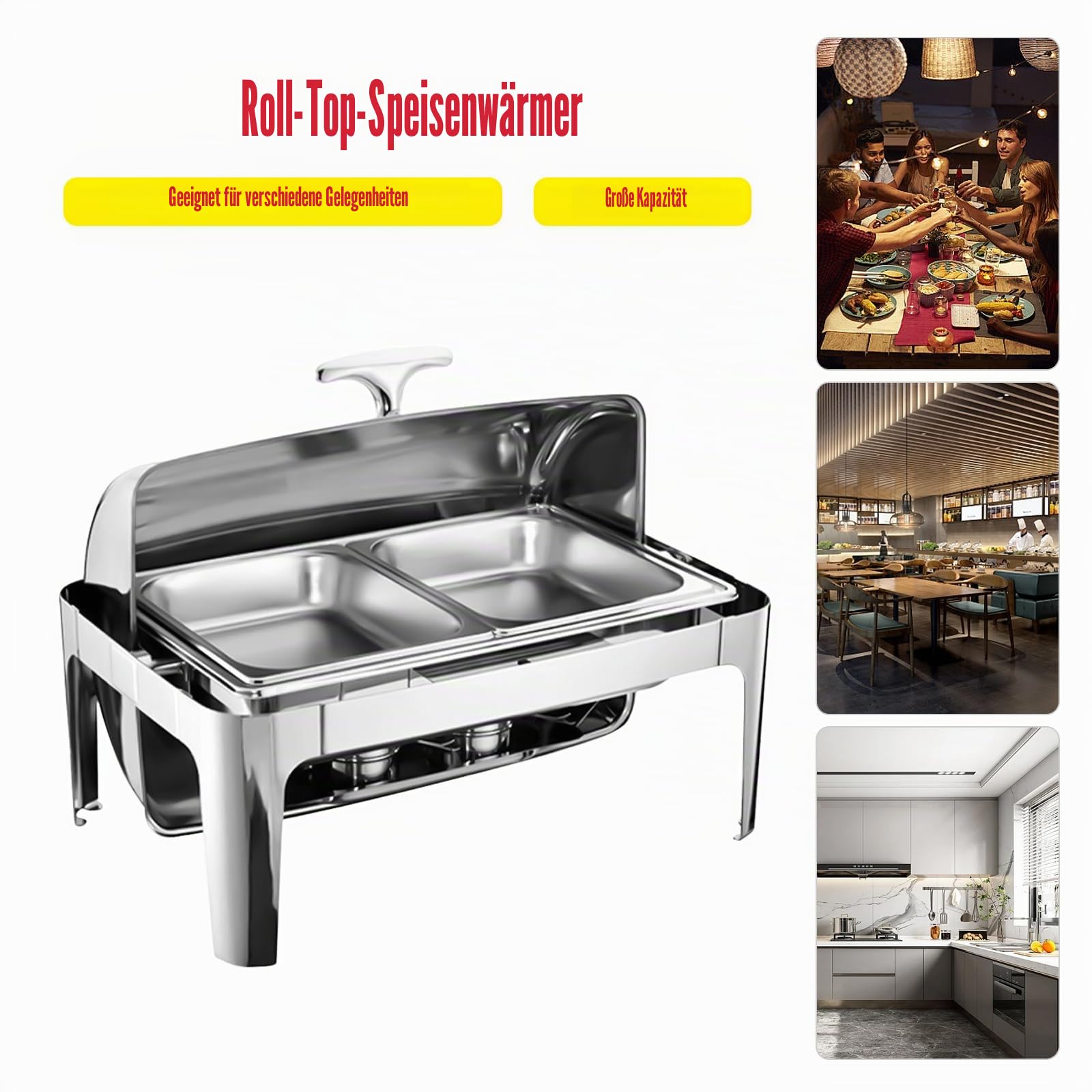 9l Edelstahl Speisenwärmer, Chafing Dish Mit Rolldeckel Speisenwärmer Warmhaltebehälter, Heizplatten Aus Rostfreiem Stahl für Catering Buffet und Party (635 X 440 X 440 mm)