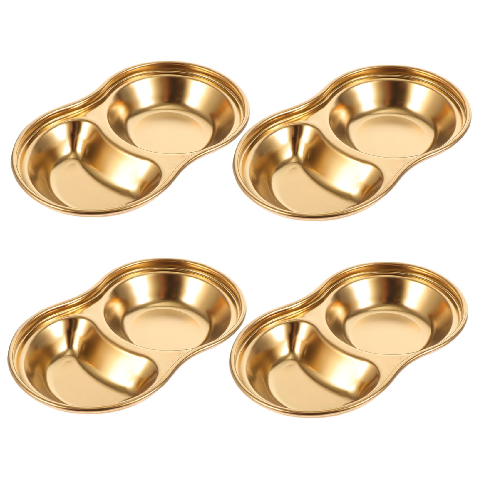 MOLUCKFU 4pcs Barbecue Dip Plate Condiment Saucer Korean Bbq Sauce Tray Mini Bbq Grill Sauce Dipping Bowls Cupcake Pans Dual-grids Plates Soy Bowls Grid Saucers 304 Stainless Steel Golden