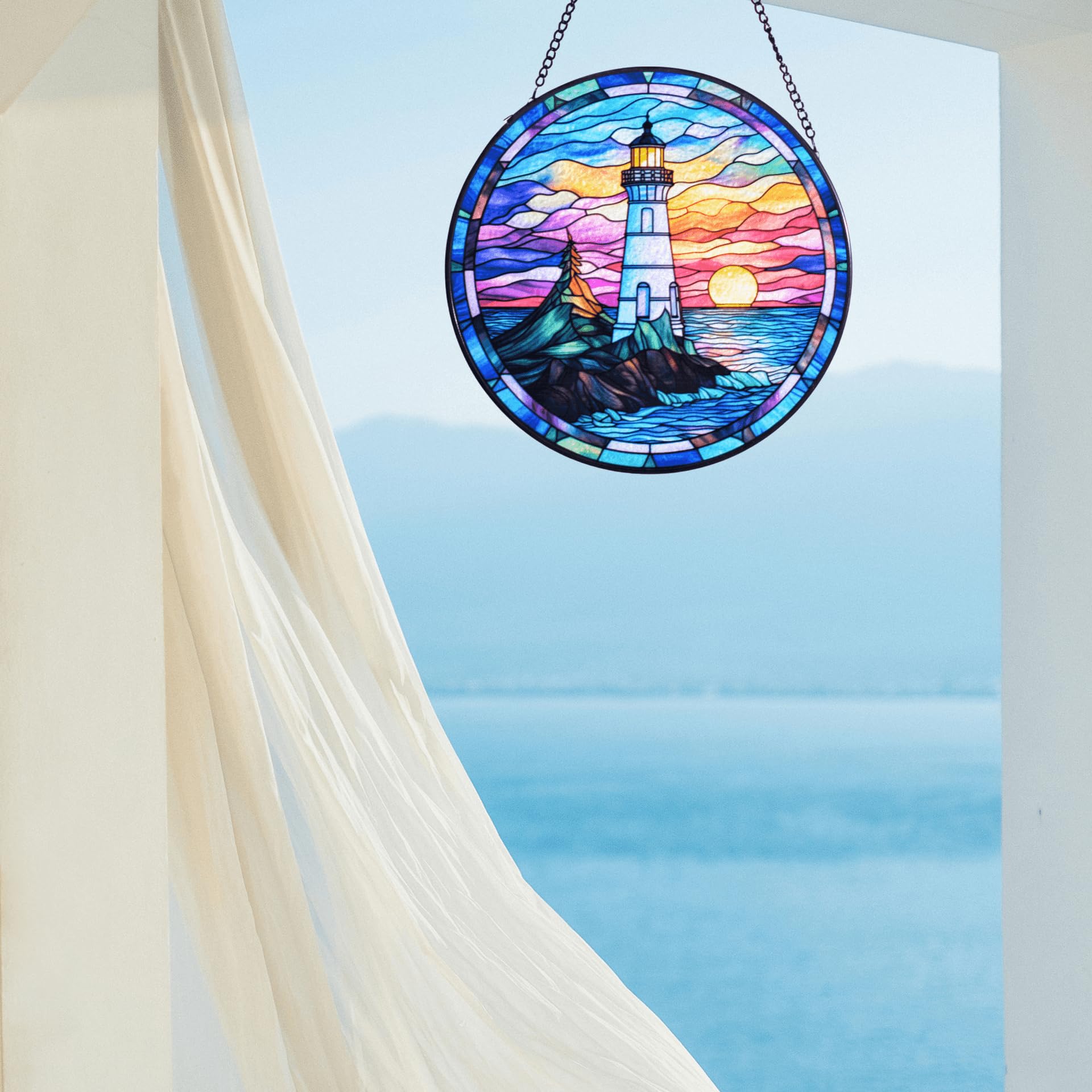 Lighthouse Garden Suncatcher, Stained Glass Window Hanging Memorial Gift for Mom, Sun Catcher for Home Garden, Christmas Party & Wedding Decor