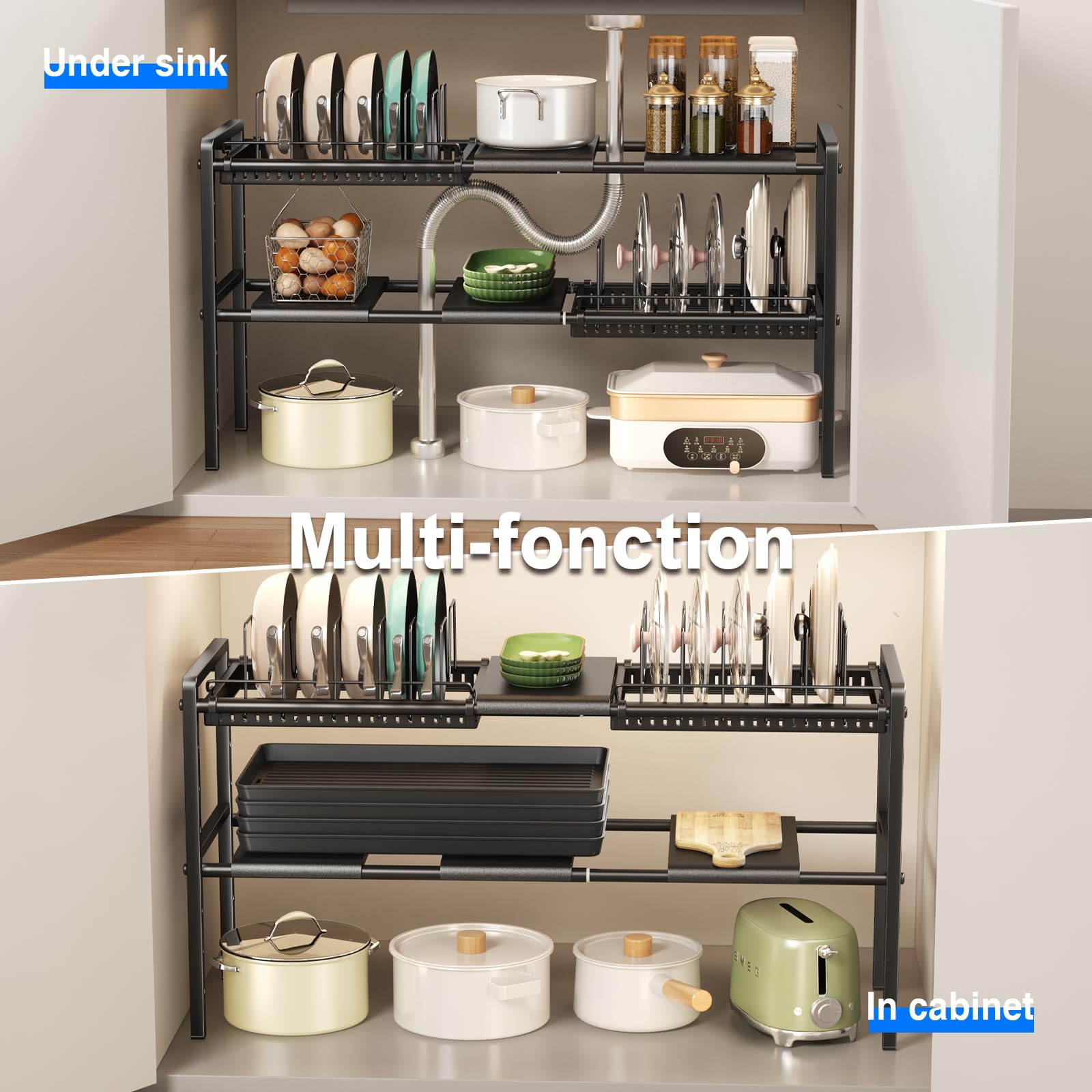 Mustorn Organizador Sartenes Espandibile, 2 Niveles Organizador Sartenes Y Ollas Cajon, Soporte Para Tapas De Ollas Altura Ajustable, Soporte Sartenes Con 12 Separadores(Negro)