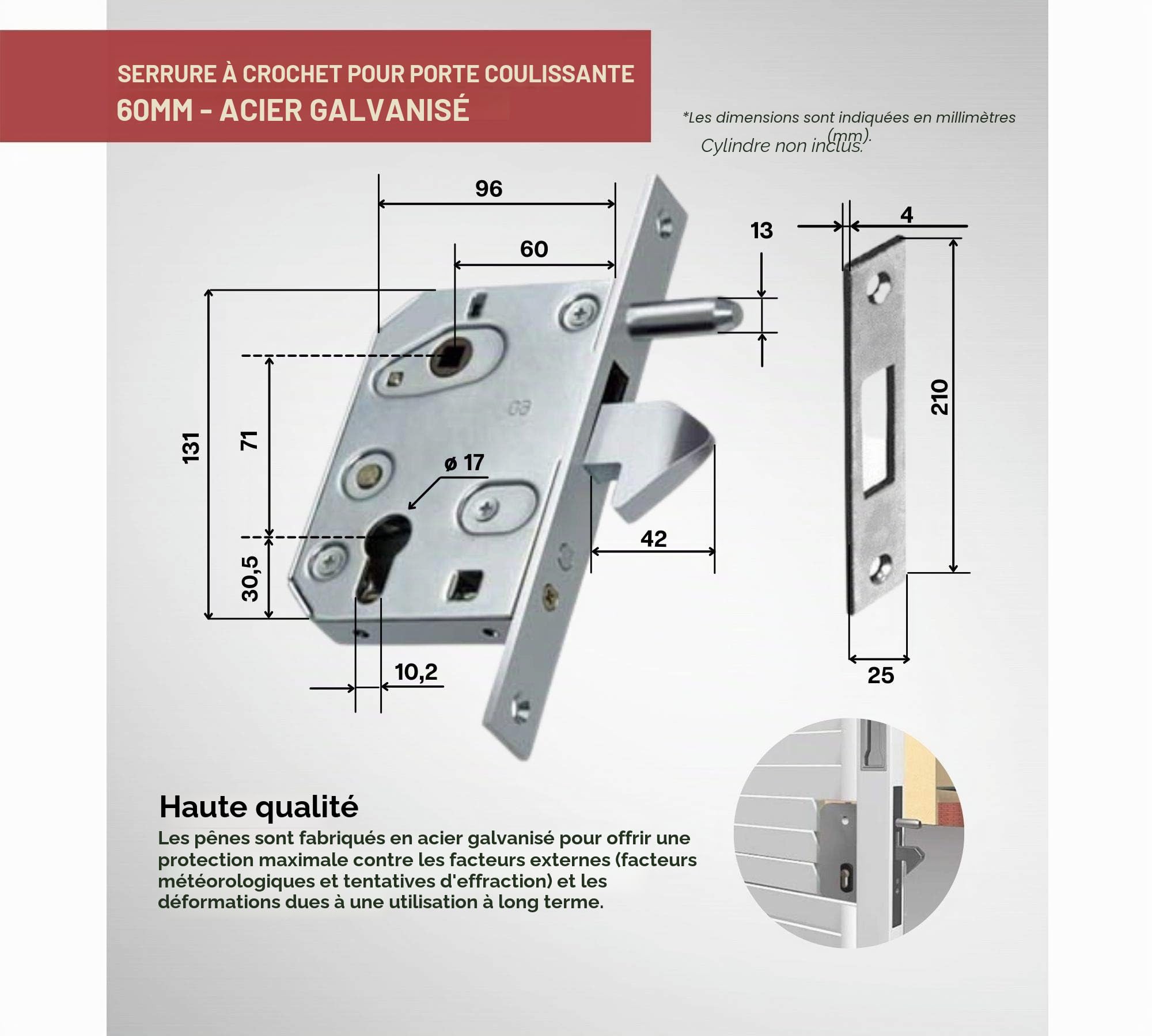 DOJA Industrial | Serrure à Crochet | 60 mm | 1 unité | Serrure Porte à Crochet | Pour Porte Coulissante, Serrure Portail Exterieur, Verrou de Porte, Portes de Garage, Portail Coulissant ...