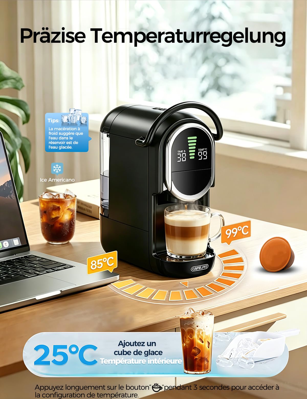 CAFELFFE Ekspres do kawy na kapsułki 4 w 1, 20 bar, zbiornik na wodę 600 ml, 7-stopniowa regulacja ilości wody i temperatury, kompatybilny z wkładami NS*/DG*/ESE i kawą w proszku, czarny