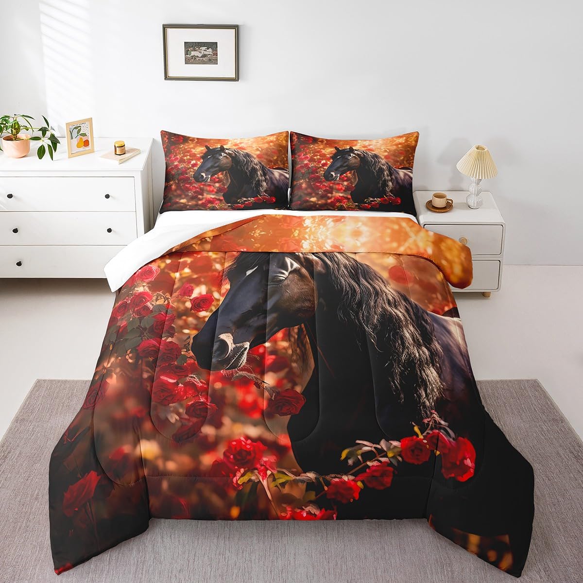 Feelyou Juego de edredón de caballo para niños y niñas, tamaño individual, edredón de caballo galopante, juego de ropa de cama floral de rosas para niños y adolescentes, juego de edredón para