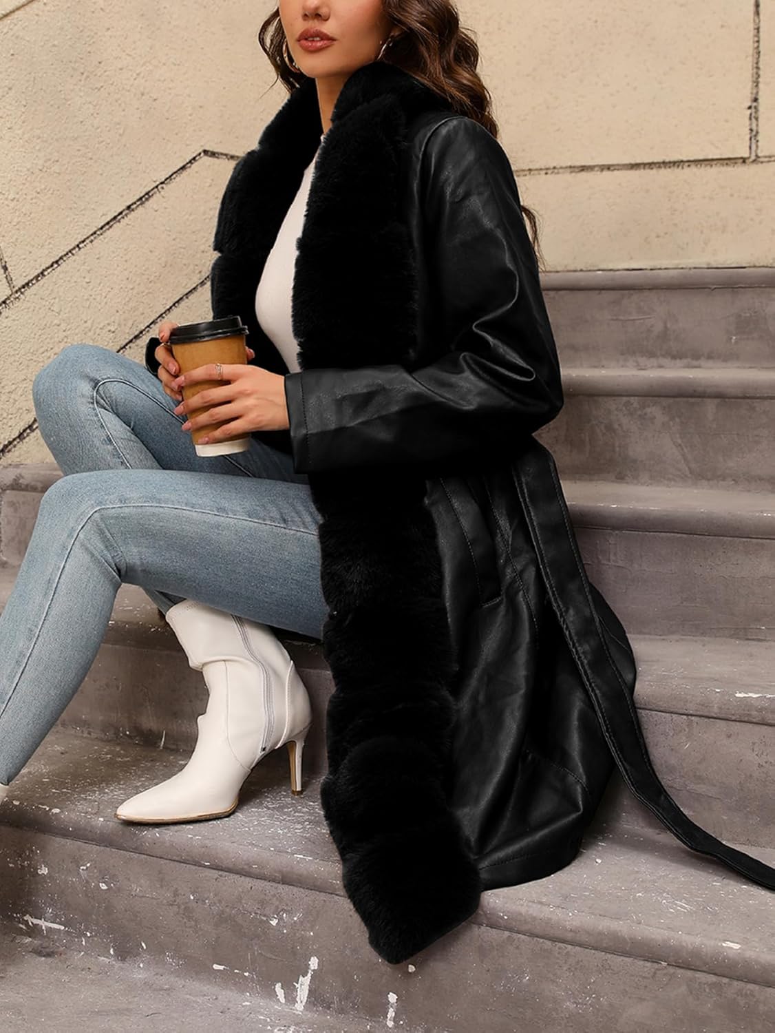 Bellivera Women Faux Leather Winter Trendy Puffer Jacket Water-resistant Thicken Bubble Coat with Fur Collar and Belt - Image 4