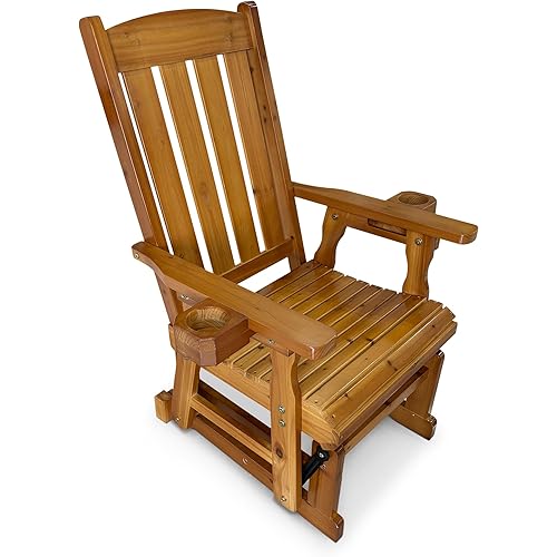 Fortune Candy Wooden Patio Glider for One Person, with High Back and Deep Contoured Seat, Solid Fir Wood, Heavy Duty 600 LBS (Cedar Tone, 1-Seater)