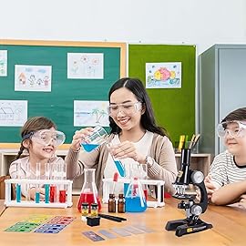 Science Kits for Kids Beginner Microscope with LED 100X 400X and 1200X-Include Sample Prepared Slides 12pc- Educational Toy Birthday Valentine\'s Day Gift Black