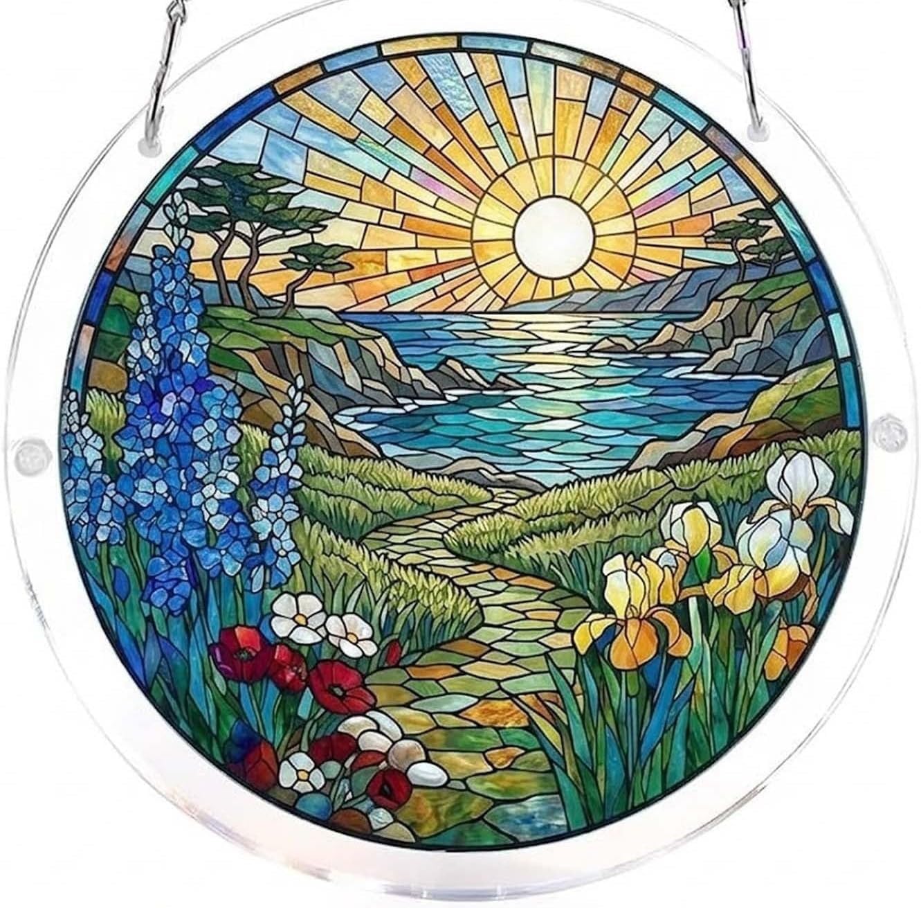 Lake Sunset Flowers, Acrylic Jigsaw Puzzles Suncatcher, 8.2 Inch Window Hanging Suncatcher Acrylic Puzzle, DIY Home Decor Art Gift