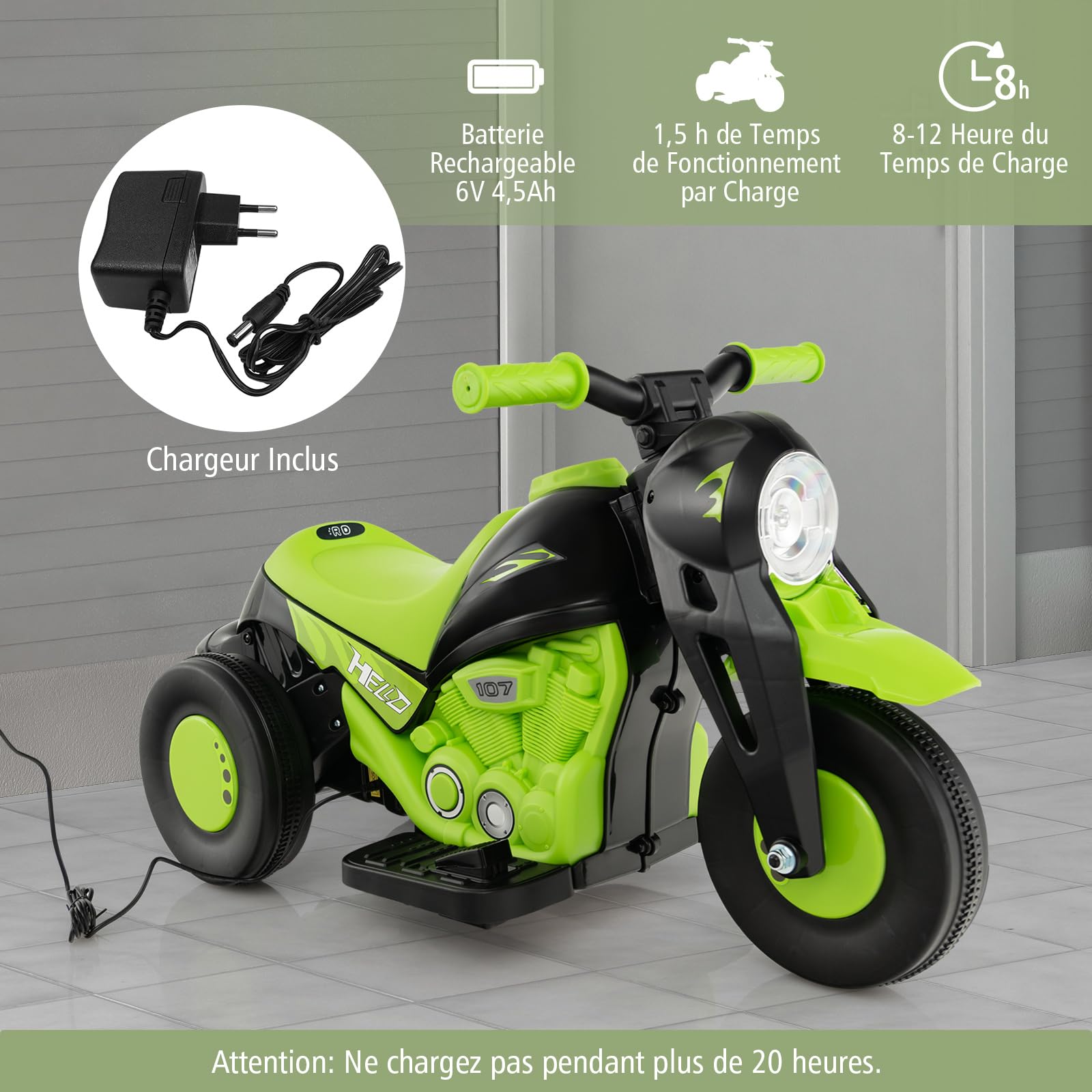 COSTWAY Moto Électrique 6V pour Enfants 37-96 Mois, avec 2 Roues Auxiliaires, Phare et Musique