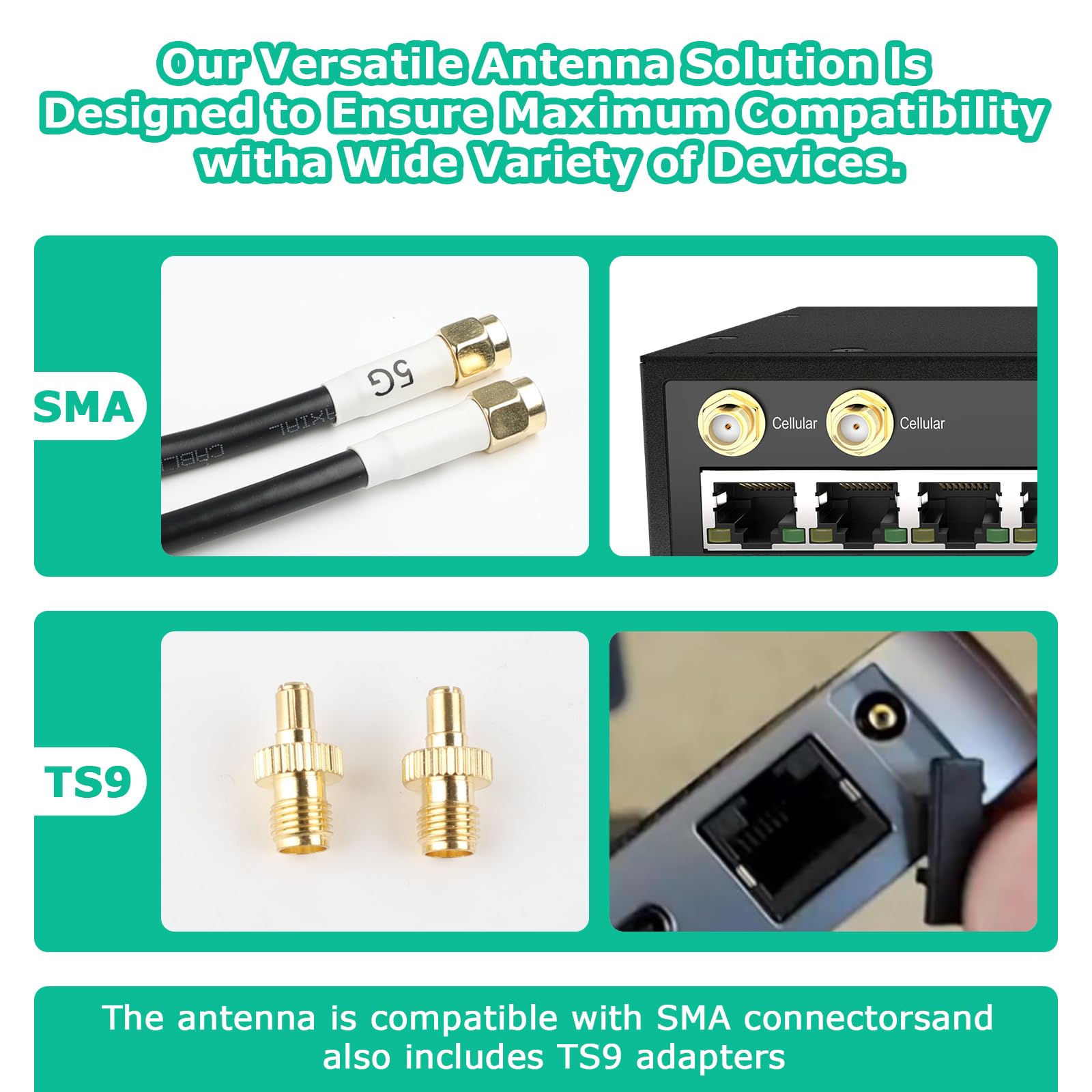 Antenne extérieure 4G LTE 5G Mimo omnidirectionnelle | 600-6000 MHz, Fiche SMA TS9, Gain jusqu'à 5 dBi, Câble de 2 x 5 m, Compatible modem routeur 5G, 3G, 4G LTE