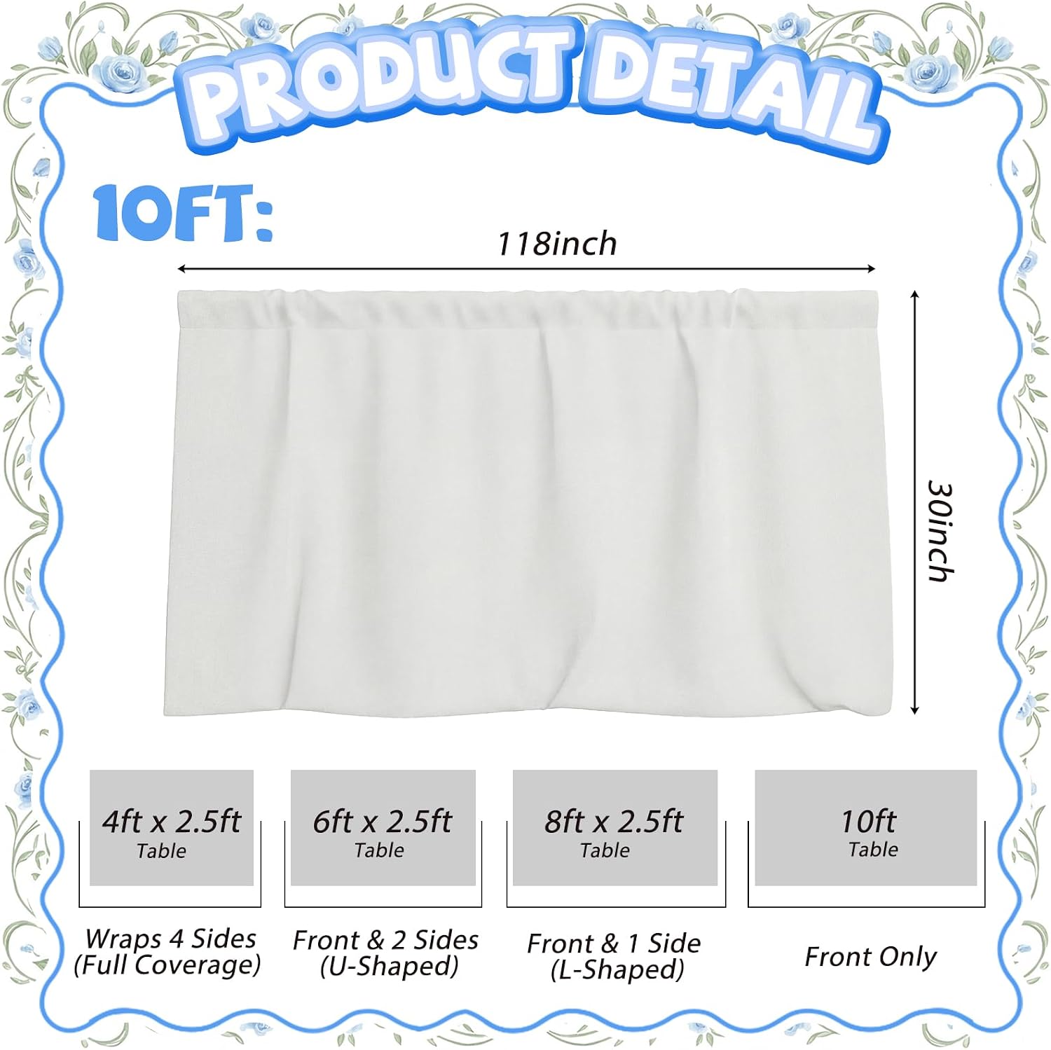 Tigeen Dorm Desk Skirt 117.6" L x 31.5" W Floral Dorm Table Skirt with Ruffled Gathered Retro Farmhouse Tablecloth for Dormitory Classroom Teacher's Office Kindergarten Home(Blue and White)