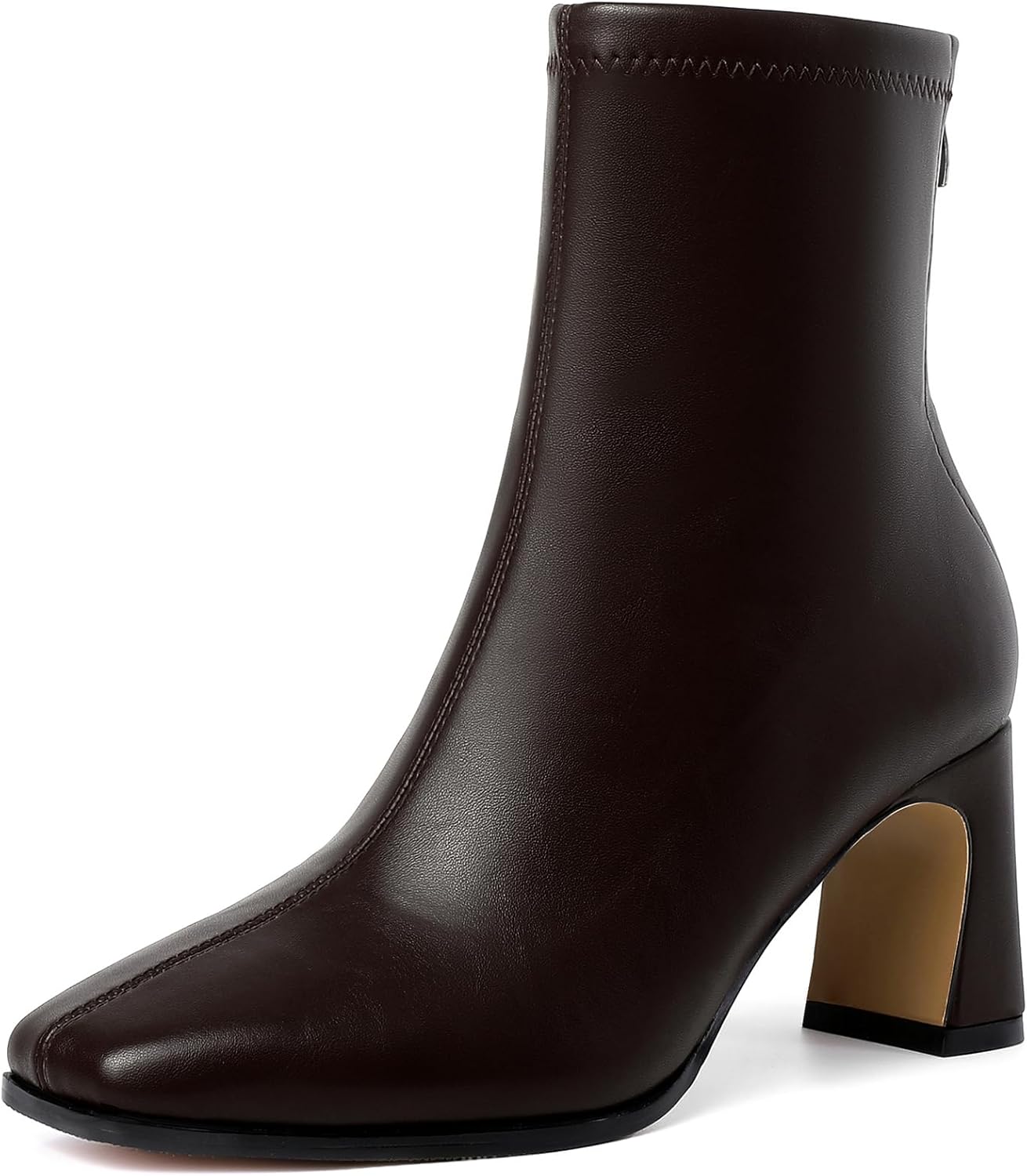 GOUPSKY Women's Ankle Boots Square Toe Chunky Heel Boots Mid Calf Low Heeled Short Booties With Zipper Fall Winter Dress Shoes