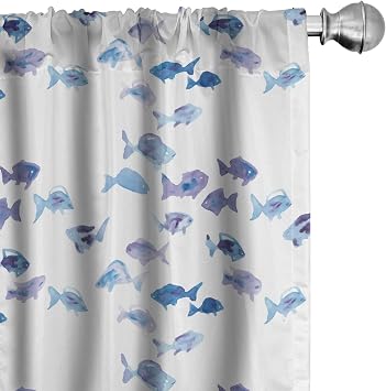 Ambesonne Animal Window Curtains Pack of 2, Little Fishes Watercolors Ocean Underwater Life Marine Theme Art, Lightweight Set with Rod Pocket, 4 Panels of - 28" x 84", Blue