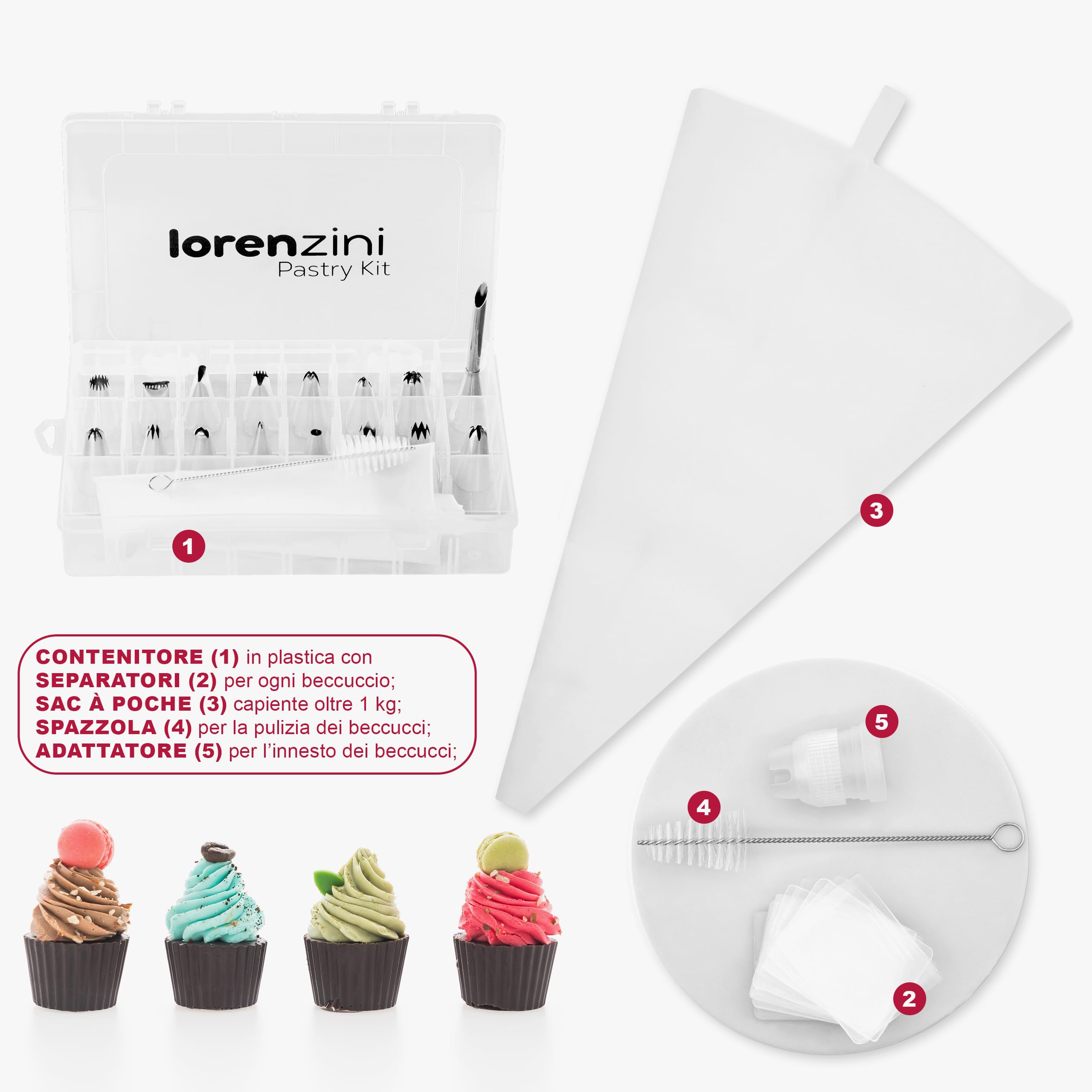 Kit Sac à Poche Professionale In Silicone - Con 16 Beccucci Acciaio, Spazzola E Accessori - Per Dolci E Crema - Foto 3