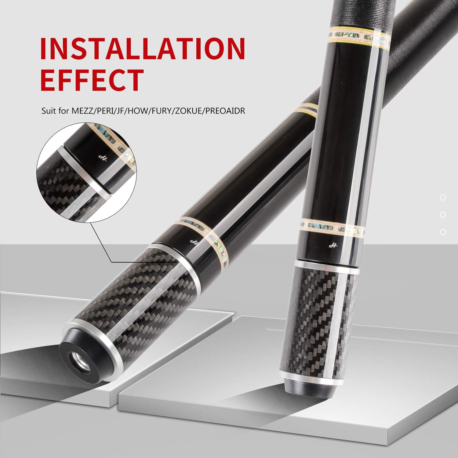 KONLLEN Extensión de taco de piscina con 3 topes de fibra de carbono para billar de extensión de billar para mezz Predator ZOKUE Jflowers Cue (fibra de carbono) (2 pulgadas)