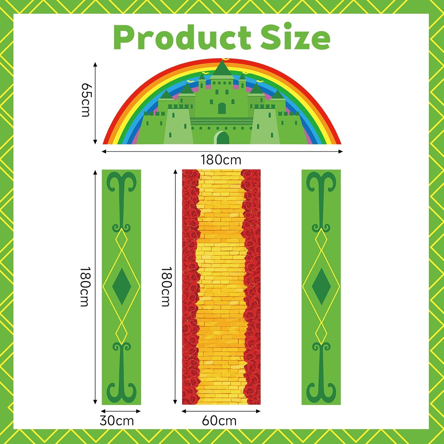 5 Pcs Emerald Castle Party Banner Decorations – Wizard Princess Door Banner Set with Green Foil Fringe Curtains, Yellow Brick Road Red Poppy Floor Runner for Enchanted Fantasy Birthday image 3