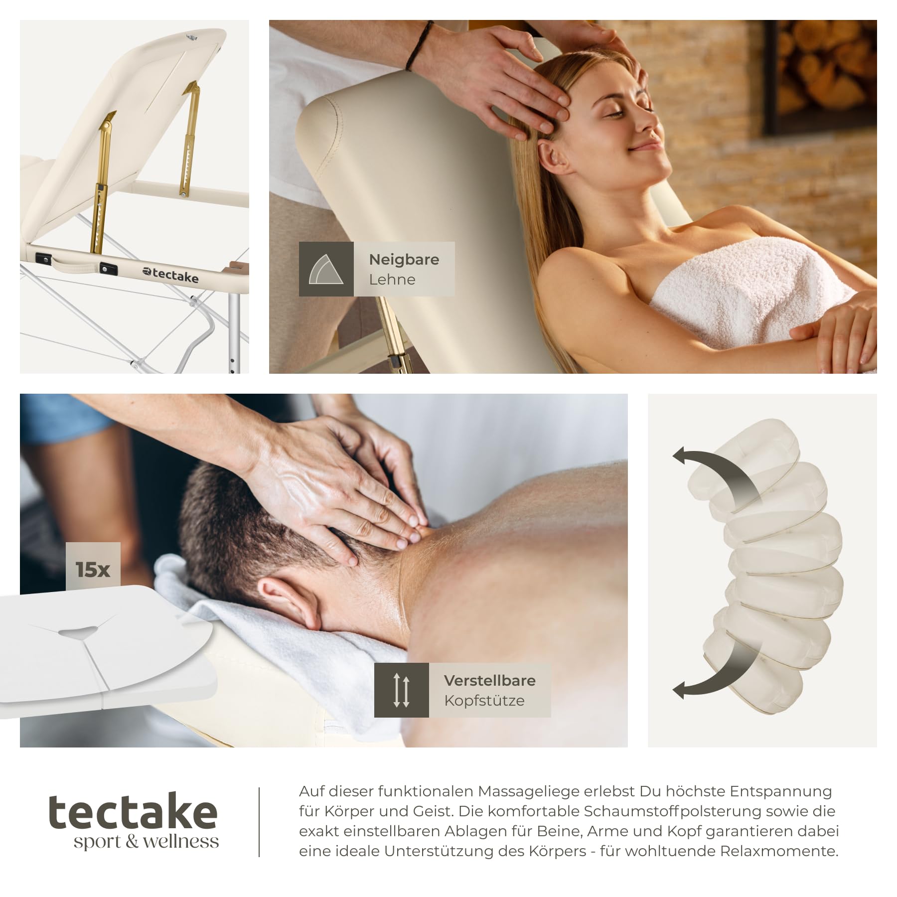 tectake Massageliege 3 Zonen klappbar höhenverstellbar Aluminium Massagetisch tragbar inkl. Zubehör beige