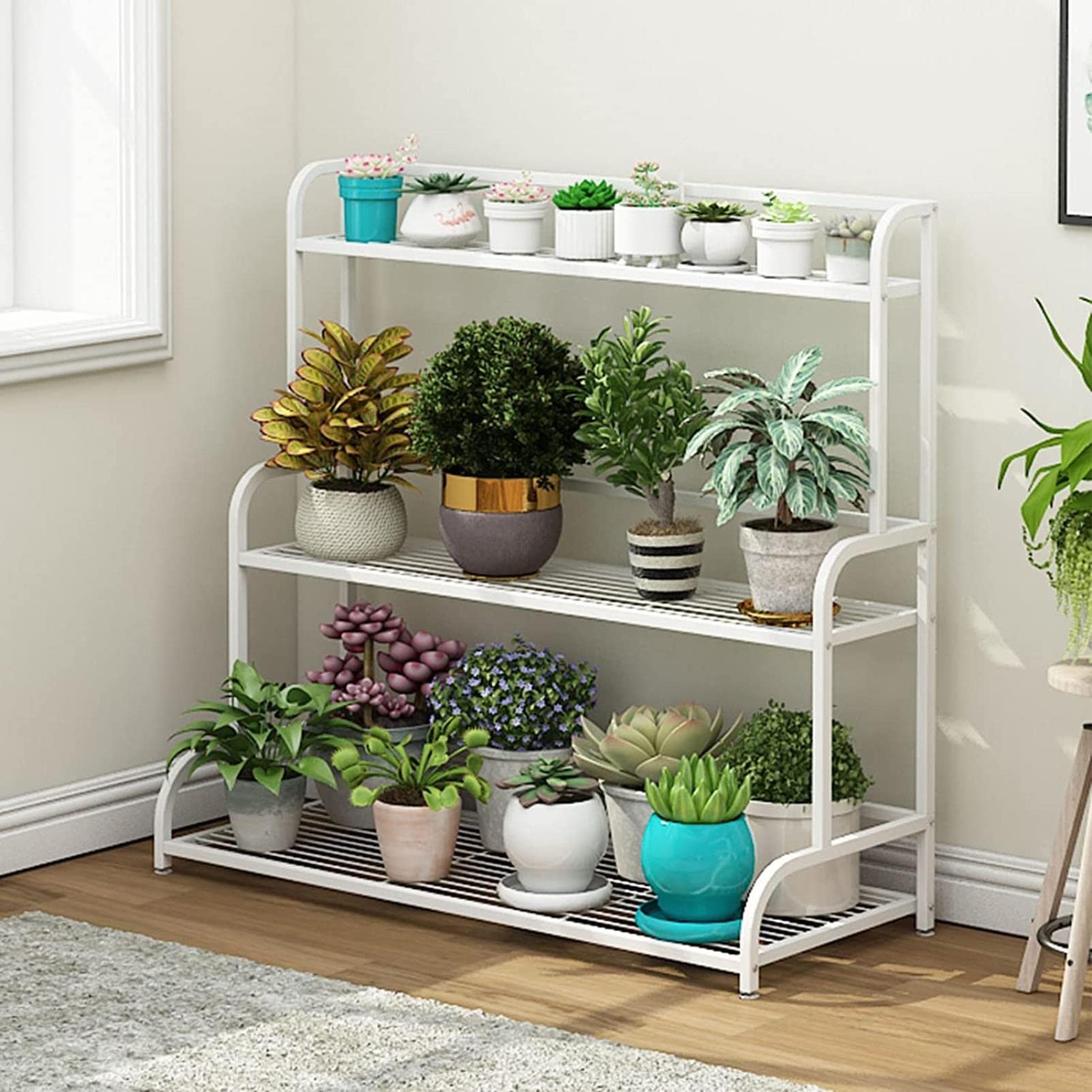 SnamicE Indoor Plant Stand 3 Tier Metal Plant Stand Shelves Tall Outdoor Flower Pot Rack Indoor Plant Display Rack Shelf for Garden Corner Storage Organizer Shelf,White,A-50x40x102cm