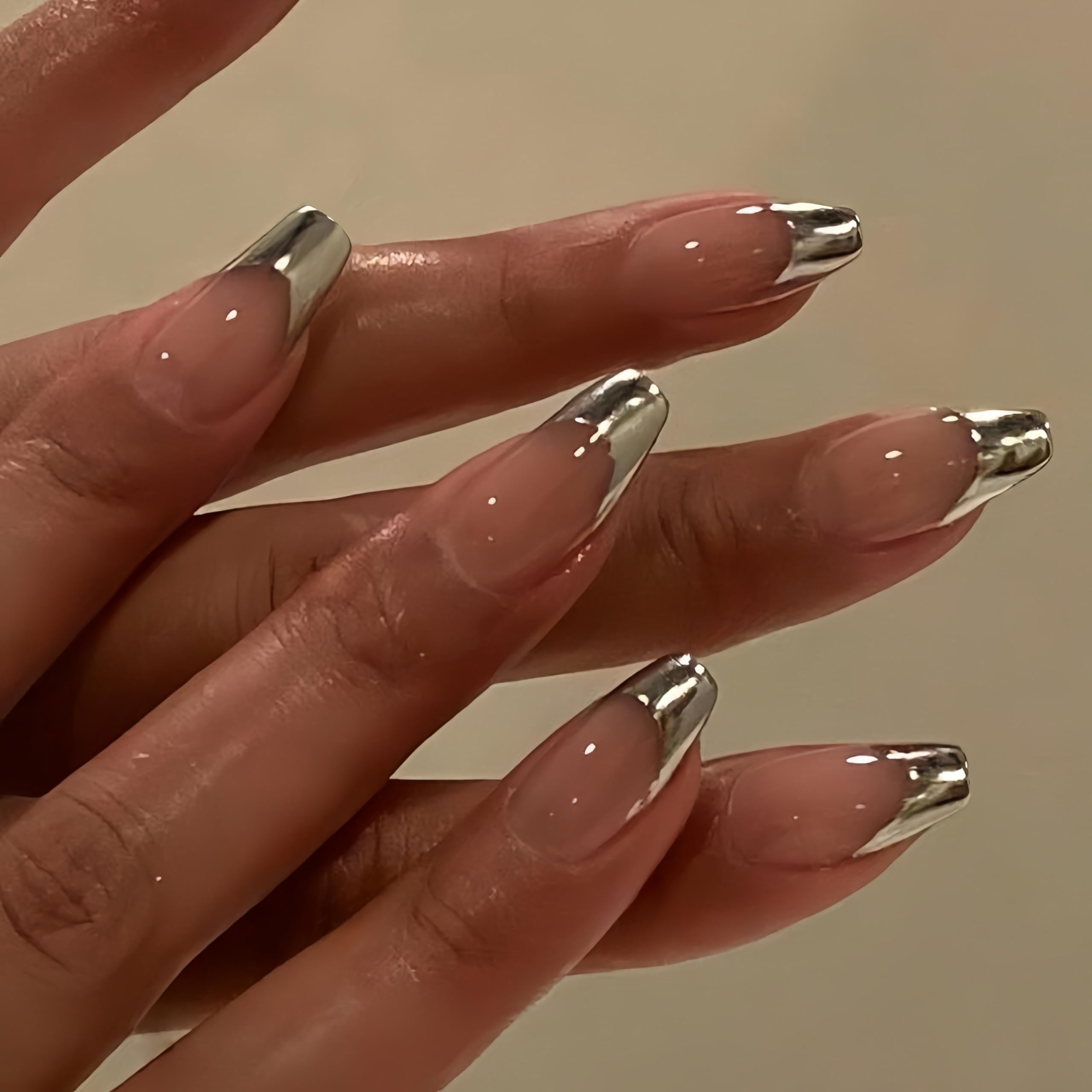 KQueenest French Tip Press On Nails Extra Long Square - Chrome Sliver Press On Nails with Glue, Glitter Fake Nails Press ons Coffin, Natural Nude, Reusable Soft Gel Glue on Nails for Women, 30 Pcs