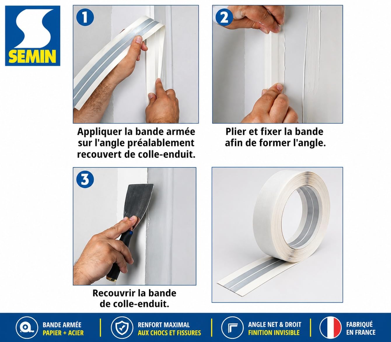 Semin Bande Armée Angle Placo 30 m – Renfort Angles Sortants Plaques de Plâtre – Papier & Acier – Finition Invisible – Bande à Joint Professionnelle