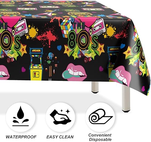 Miniatura 4 de Paquete de 3 manteles de fiesta de los años 80, manteles rectangulares de regreso a los 80, decoración de hip hop de los años 80, mantel de plástico