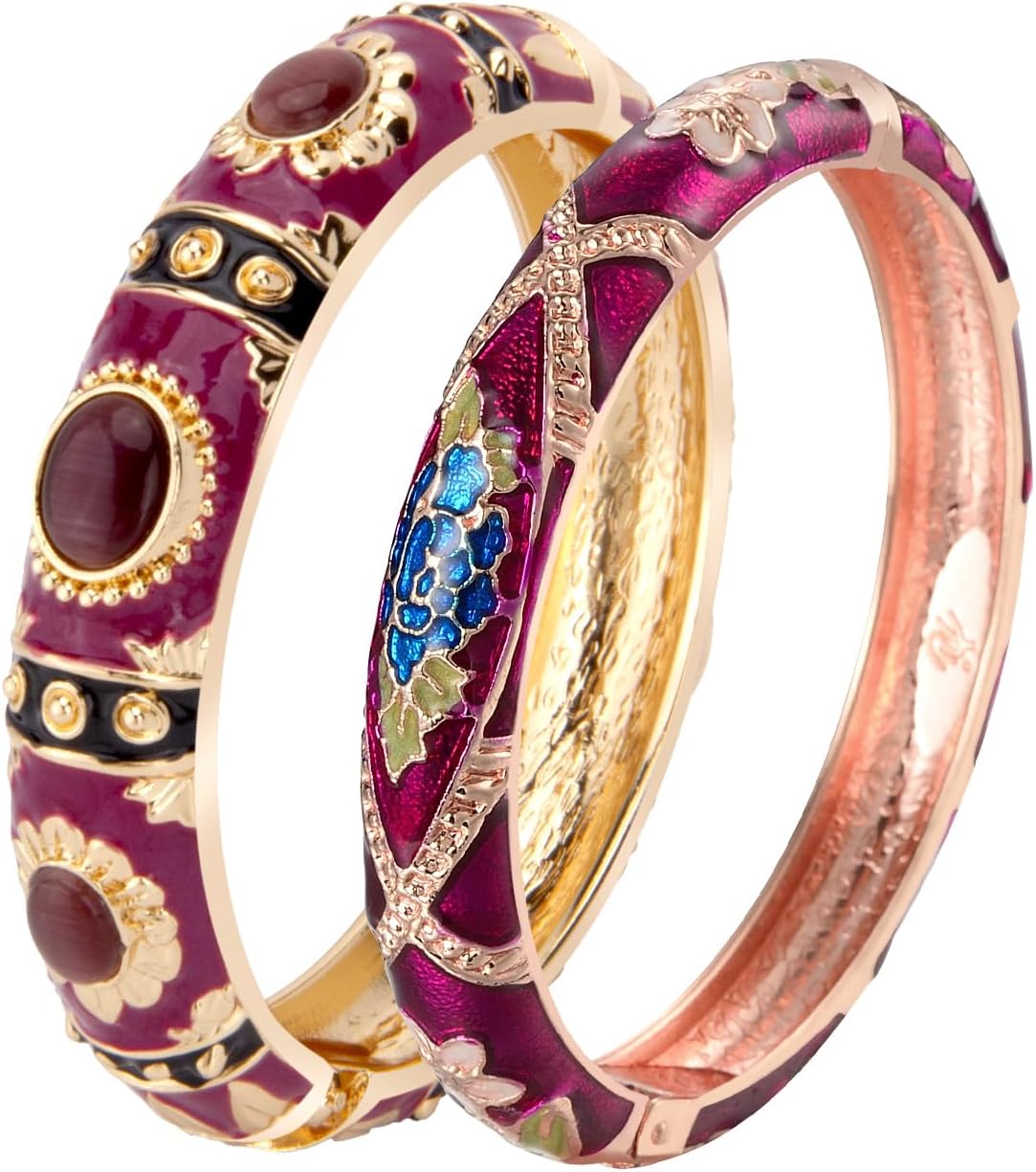 UJOY Vintage Cloisonne Jewelry Bracelet Plated Handmade Bead Rhinestones Enamel Spring Cuff Bangles 2 Pcs Set for Womens Gift 7735
