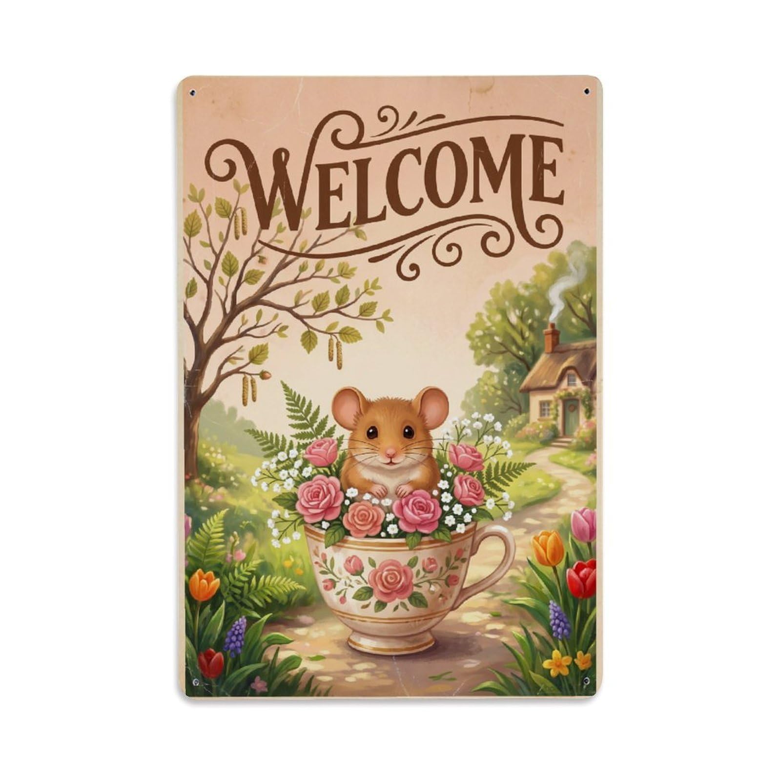 Vintage Welcome Dormouse Cozy Corner Metal Tin Sign