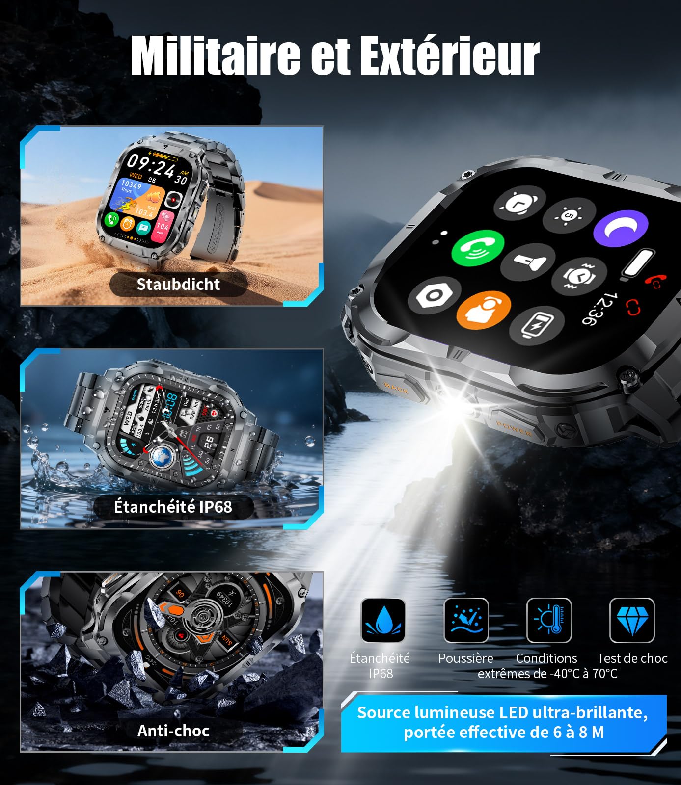 LIGE Montre Connectée Homme（3 Bracelets）, Smartwatch avec Torche LED/Batterie 1000mAh/2.0" HD Grand Écran/Appel Bluetooth/Cardiofréquence/Analyse Sommeil/100+Modes Sport, Smart Watch Android/iOS