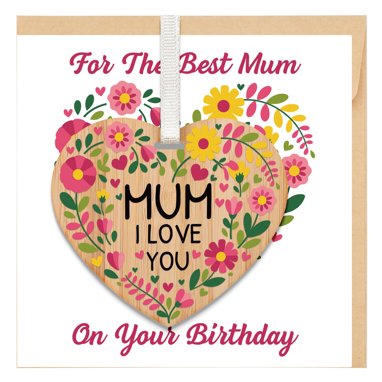 TheGiffter Mum Birthday Card, Happy Birthday Mummy Wooden Heart Plaque Gift with Envelope,150x150mm Card for Mother from Son Daughter Children Kids