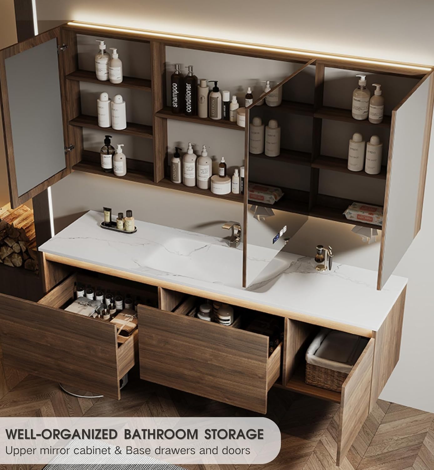 Image showing the open mirror cabinet with partitioned shelves and open base drawers and doors, revealing organized storage space.