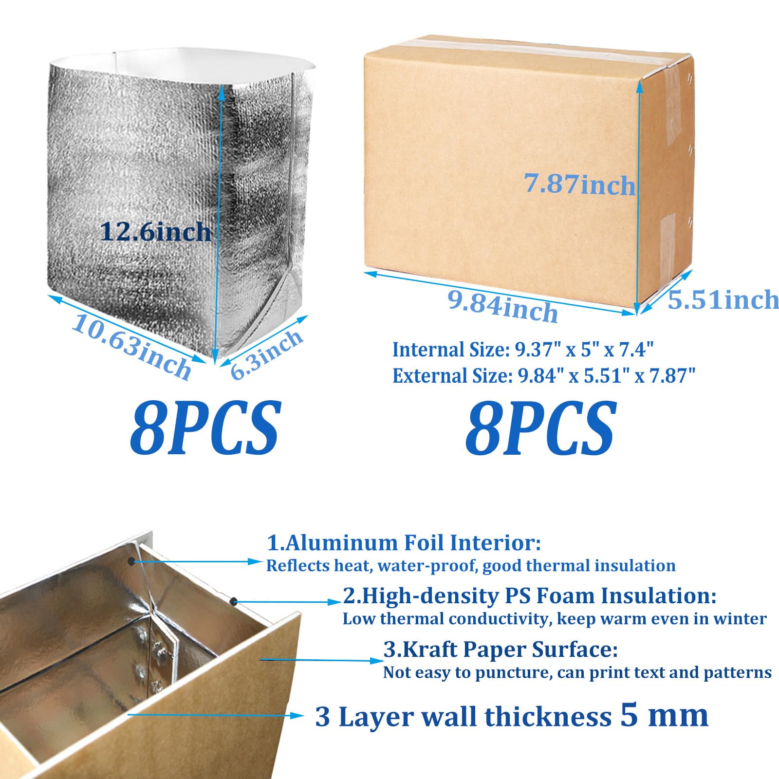 Acrux7 10 cajas de envío aisladas con 10 forros de papel de aluminio, 10 x 5.5 x 8 pulgadas, caja de envío aislada térmica reutilizable para enviar alimentos congelados