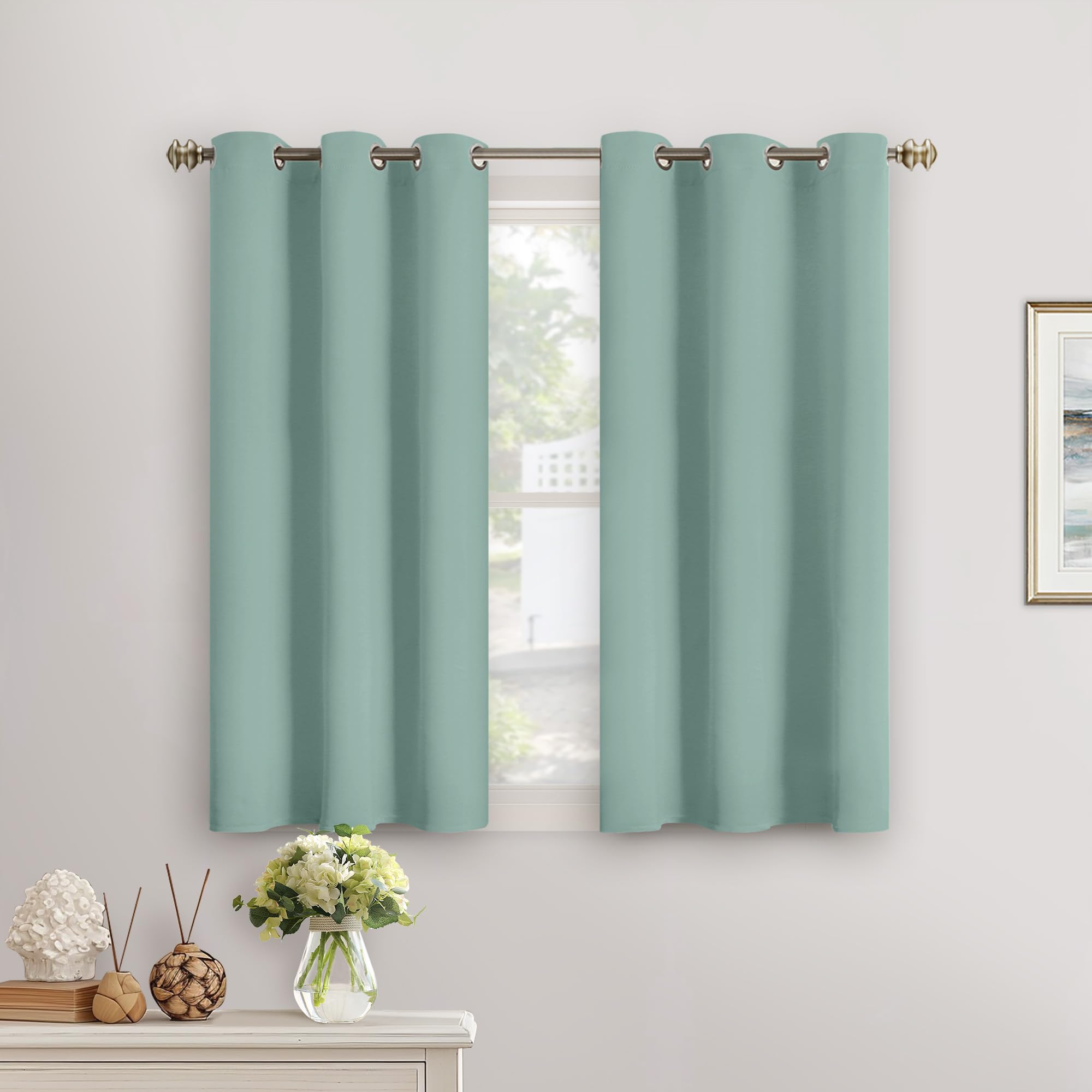 YoungsTex Sage Green Blackout Kitchen Curtains 40 Inch Length - Short Thermal Insulated Drapes with Grommet Room Darkening for Bathroom Cafe Window, 2