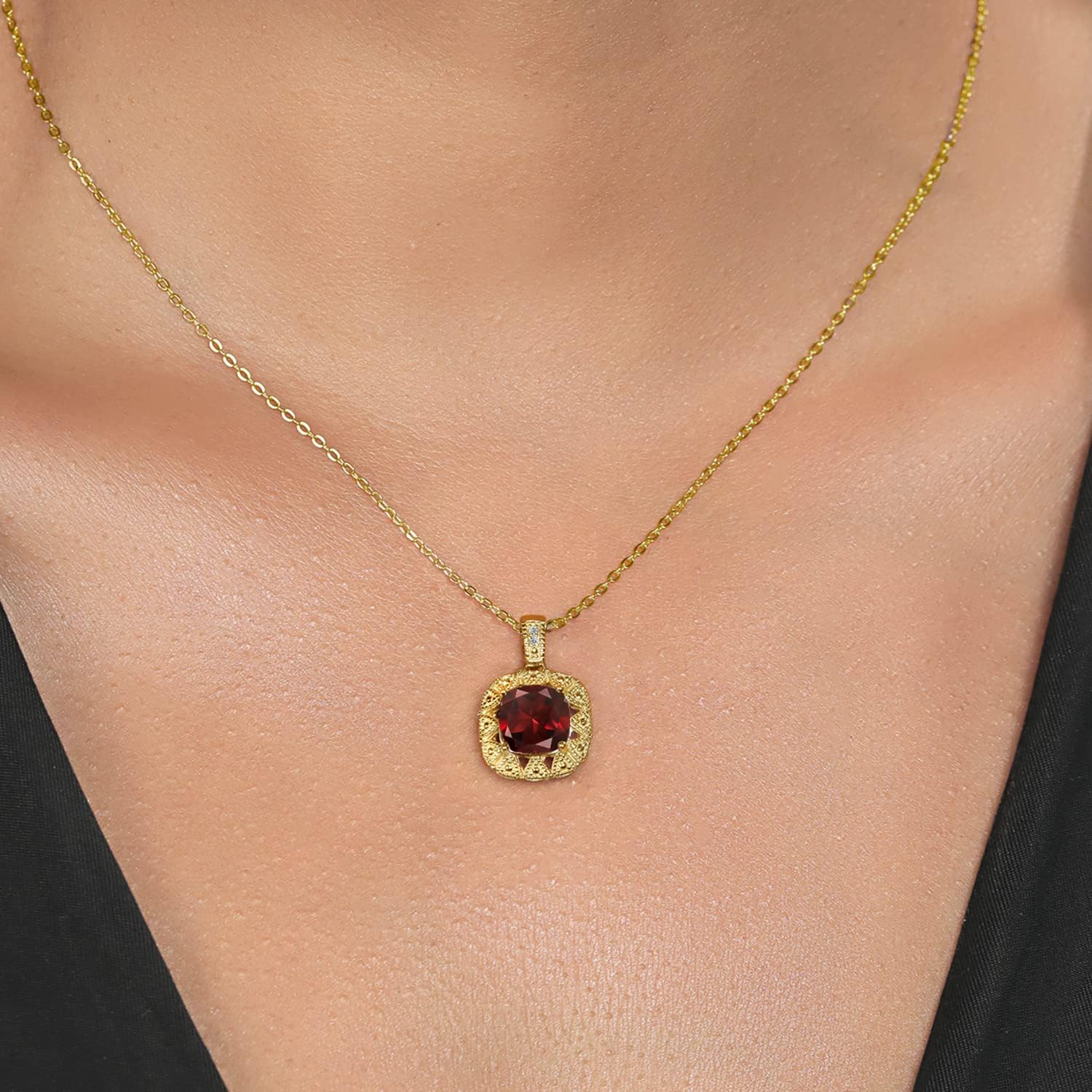 Gem Stone King 18K Yellow Gold Plated Silver Gemstone Birthstone and White Diamond Necklace | 8MM Cushion Cut Pendant Necklace For Women | With 18 Inch Chain