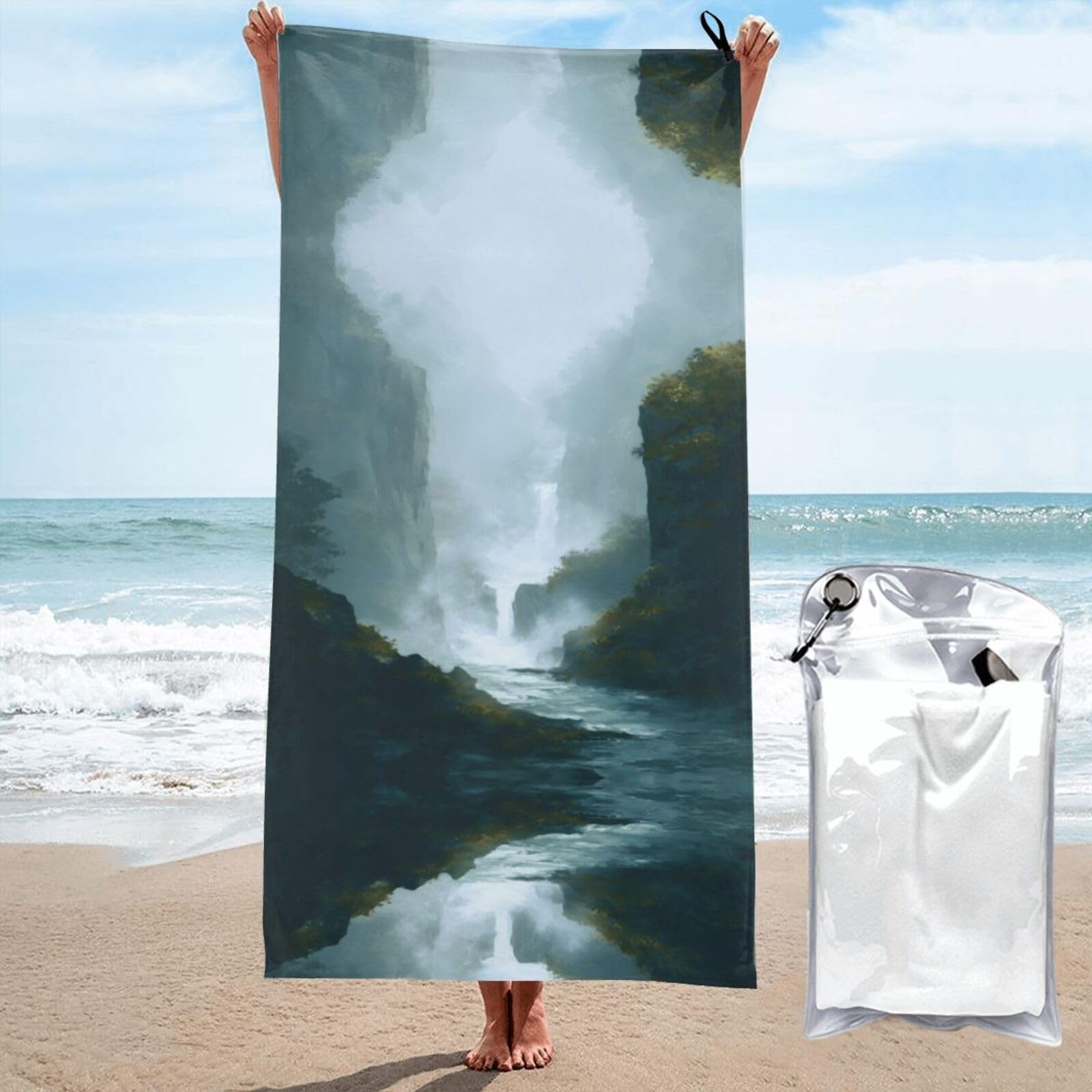 ESNAIUVCD Waterfall Print Beach Towel, Microfibre Sauna Towel, Quick-Drying Fitness Towel, Lightweight And Thin Portable Sauna Towel